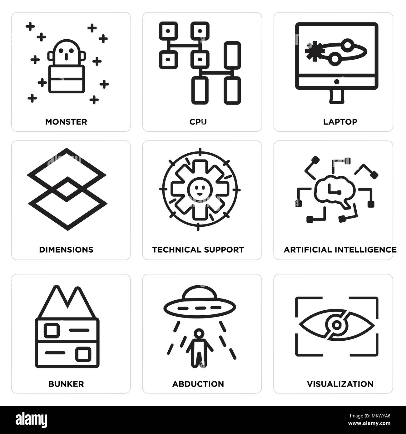 Set Of 9 simple editable icons such as Visualization, Abduction, Bunker, Artificial intelligence, Technical Support, Dimensions, Laptop, Cpu, Monster, Stock Vector