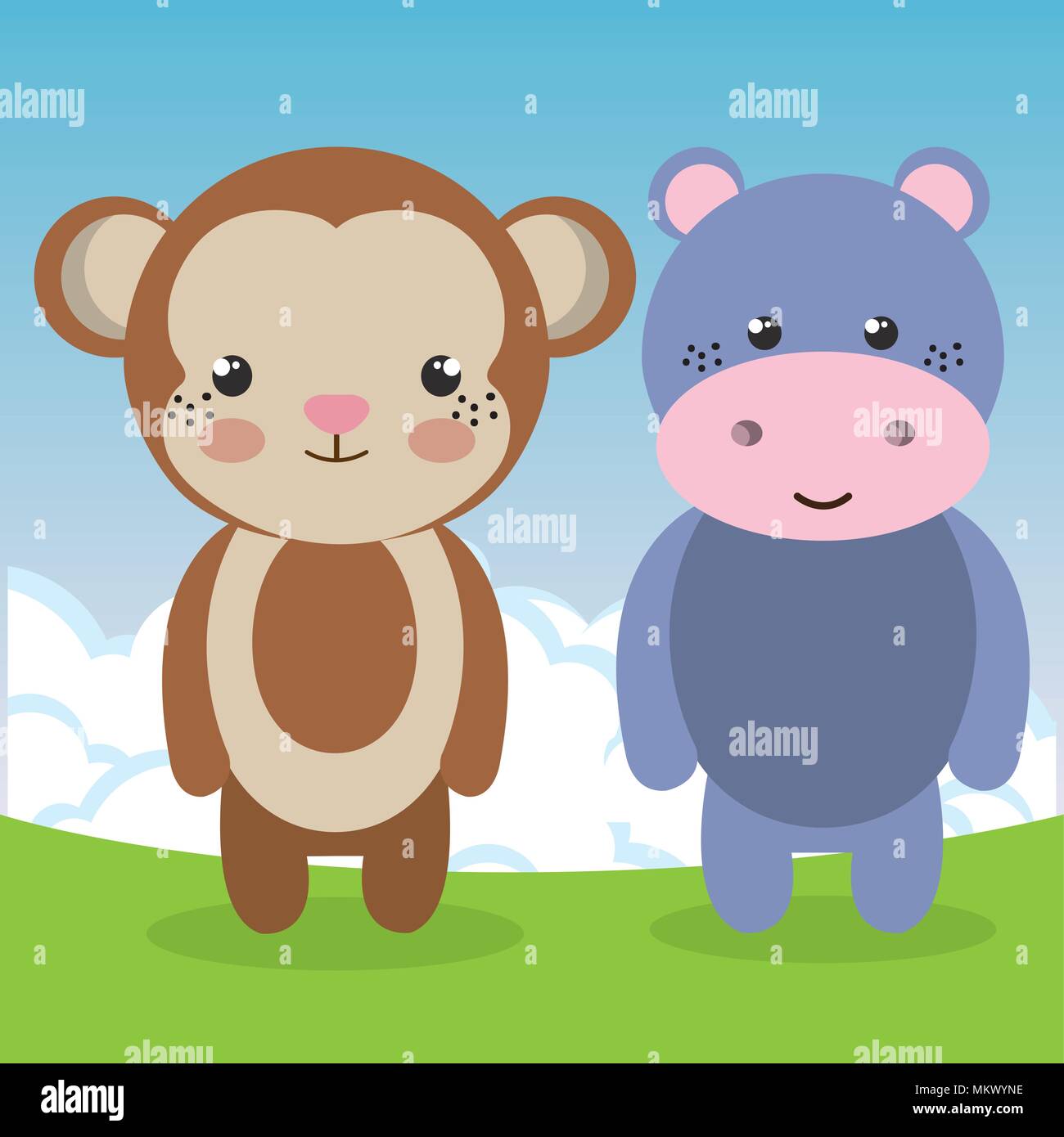 cute monkey and hippo in the field landscape characters Stock Vector ...
