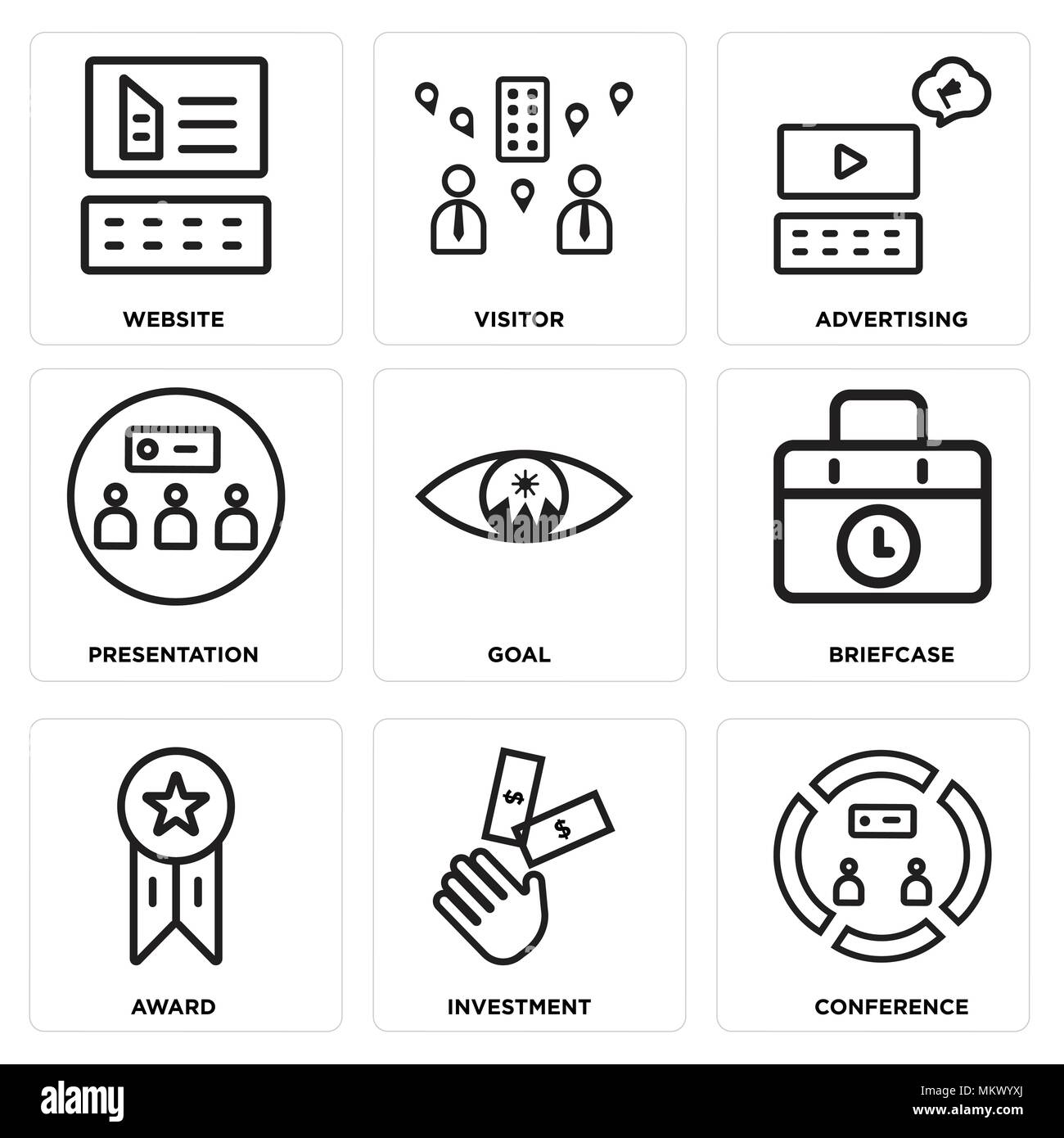 Set Of 9 simple editable icons such as Conference, Investment, Award, Briefcase, Goal, Presentation, Advertising, Visitor, Website, can be used for mo Stock Vector