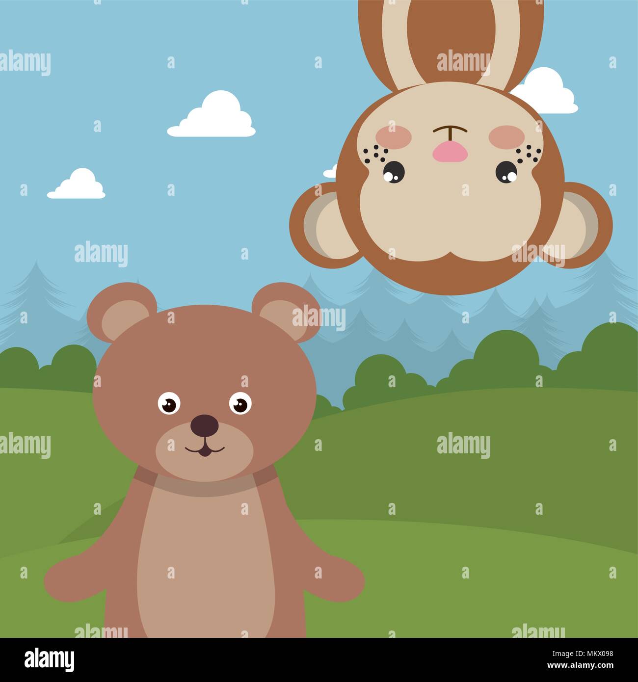 cute monkey and bear in the field landscape characters Stock Vector ...