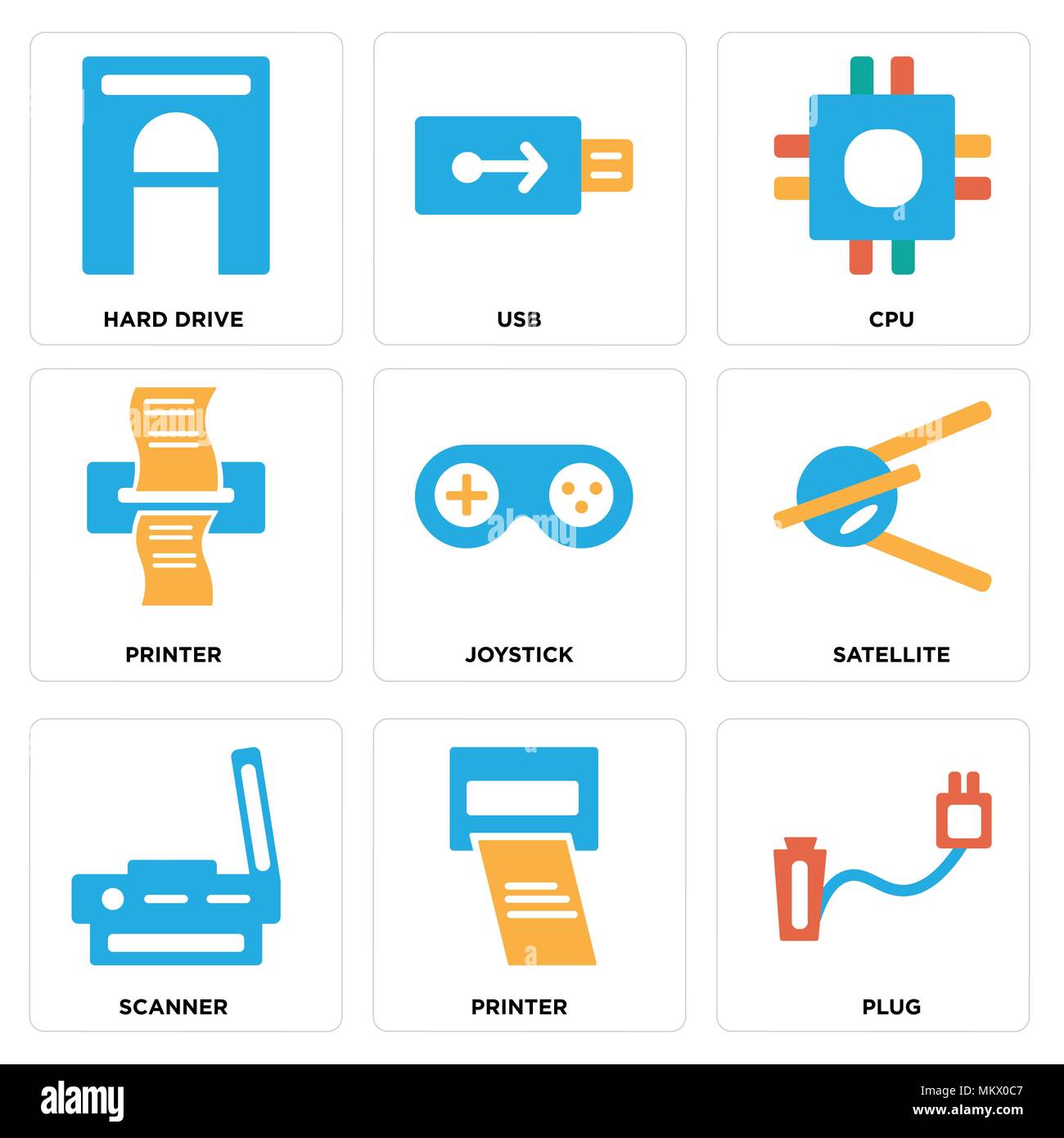 Set Of 9 simple editable icons such as Plug, Printer, Scanner, Satellite, Joystick, Cpu, Usb, Hard drive, can be used for mobile, web Stock Vector