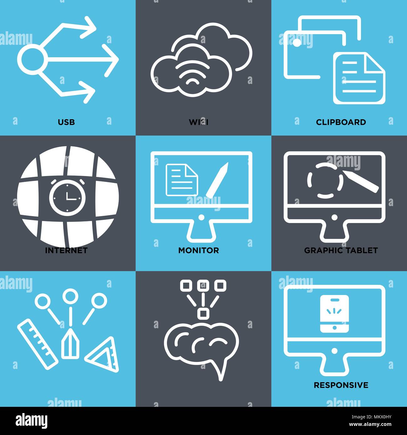 Set Of 9 simple editable icons such as Responsive, Graphic tablet, Monitor, Internet, Clipboard, Wifi, Usb, can be used for mobile, web Stock Vector