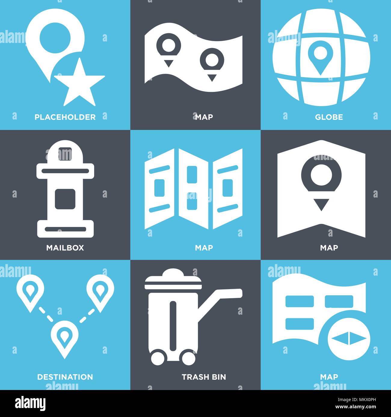 Set Of 9 simple editable icons such as Map, Trash bin, Destination ...