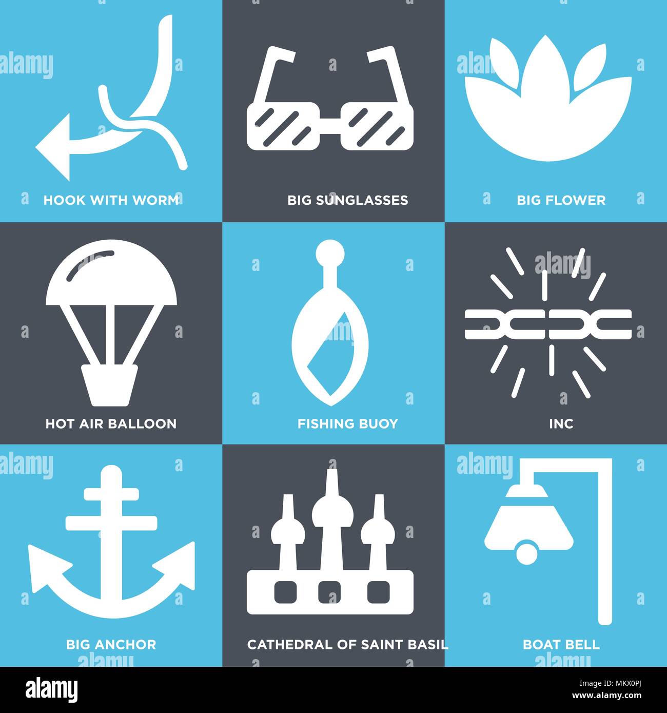 Set Of 9 simple editable icons such as Boat Bell, Cathedral of saint basil, Big Anchor, Inc, Fishing Buoy, Hot air balloon, Flower, Sunglasses, Hook w Stock Vector