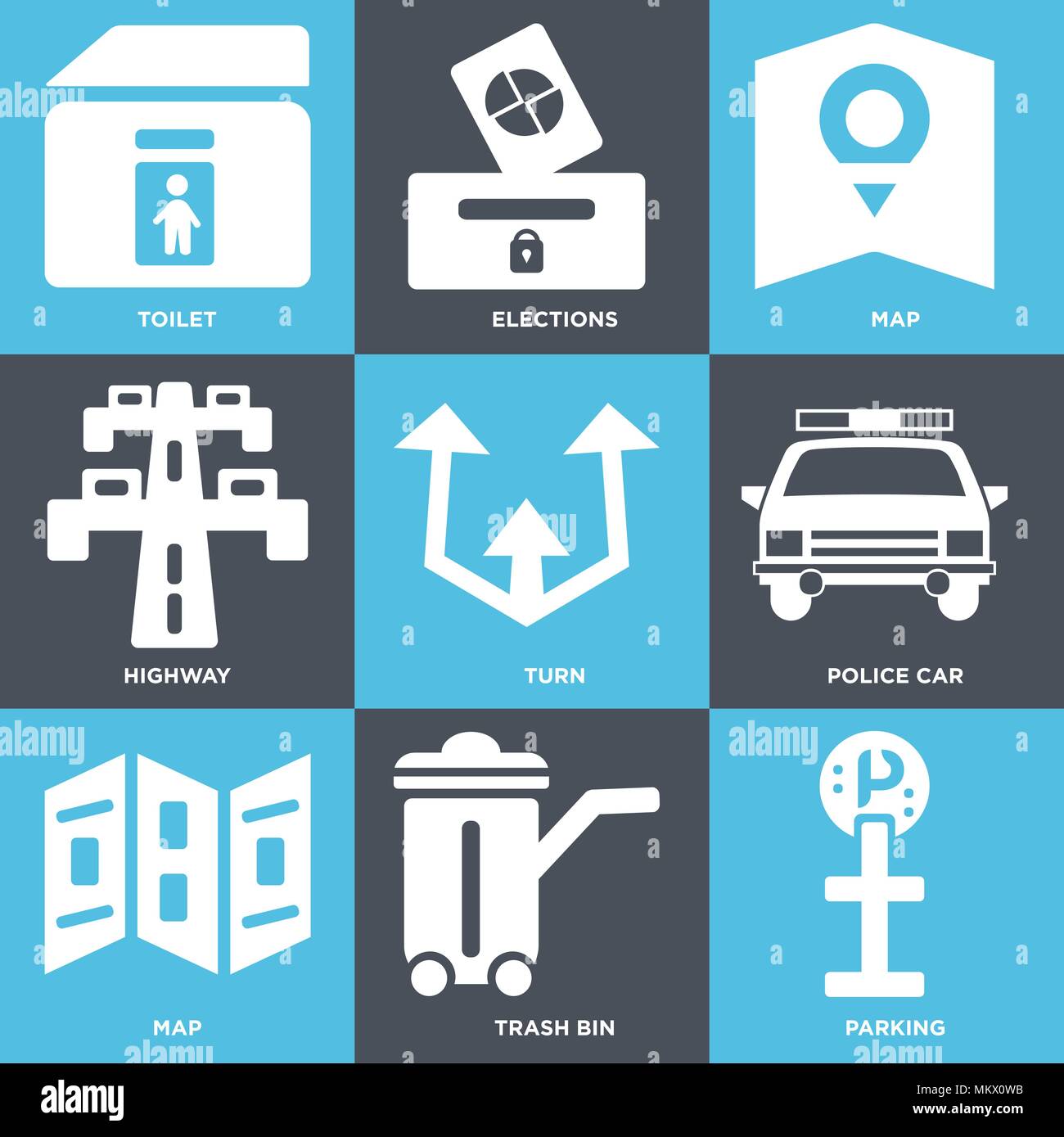 Set Of 9 simple editable icons such as Parking, Trash bin, Map, Police car, Turn, Highway, Elections, Toilet, can be used for mobile, web Stock Vector