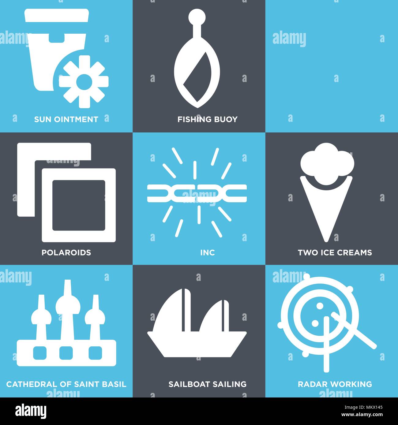 Set Of 9 simple editable icons such as Radar Working, Sailboat Sailing, Cathedral of saint basil, Two Ice Creams, Inc, Polaroids, Message In a Bottle  Stock Vector