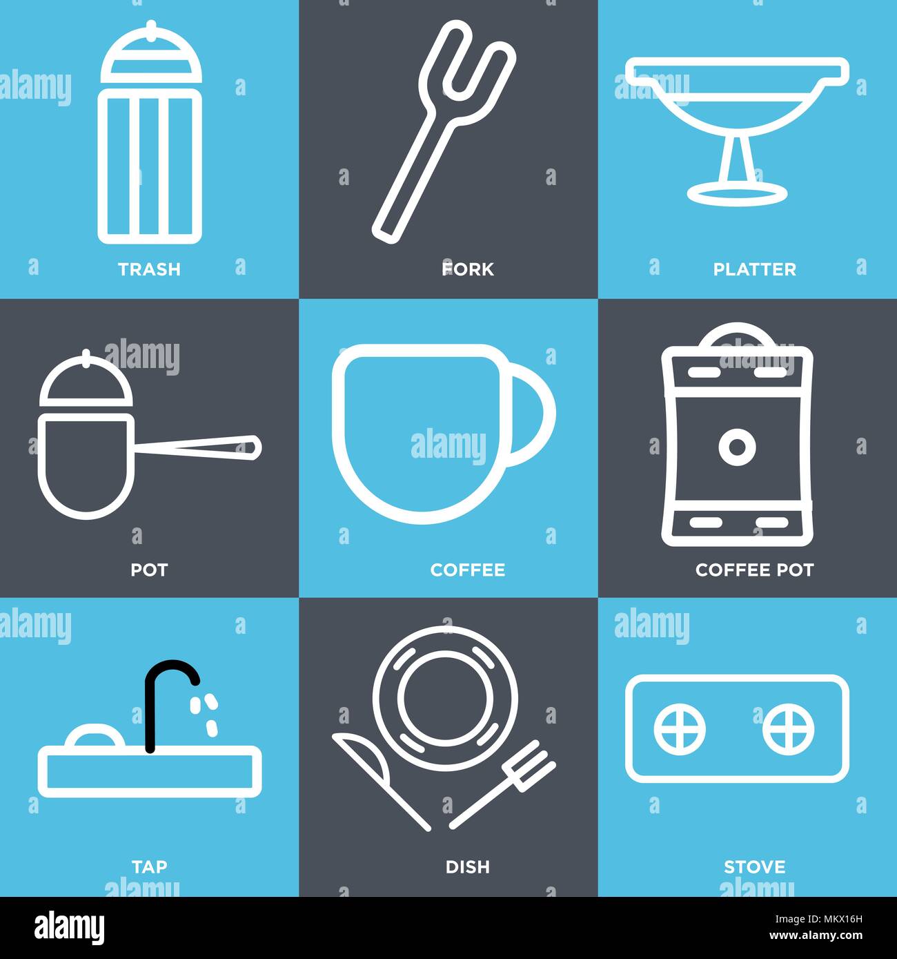 Set Of 9 simple editable icons such as Stove, Dish, Tap, Coffee pot, Coffee, Pot, Platter, Fork, Trash, can be used for mobile, web Stock Vector