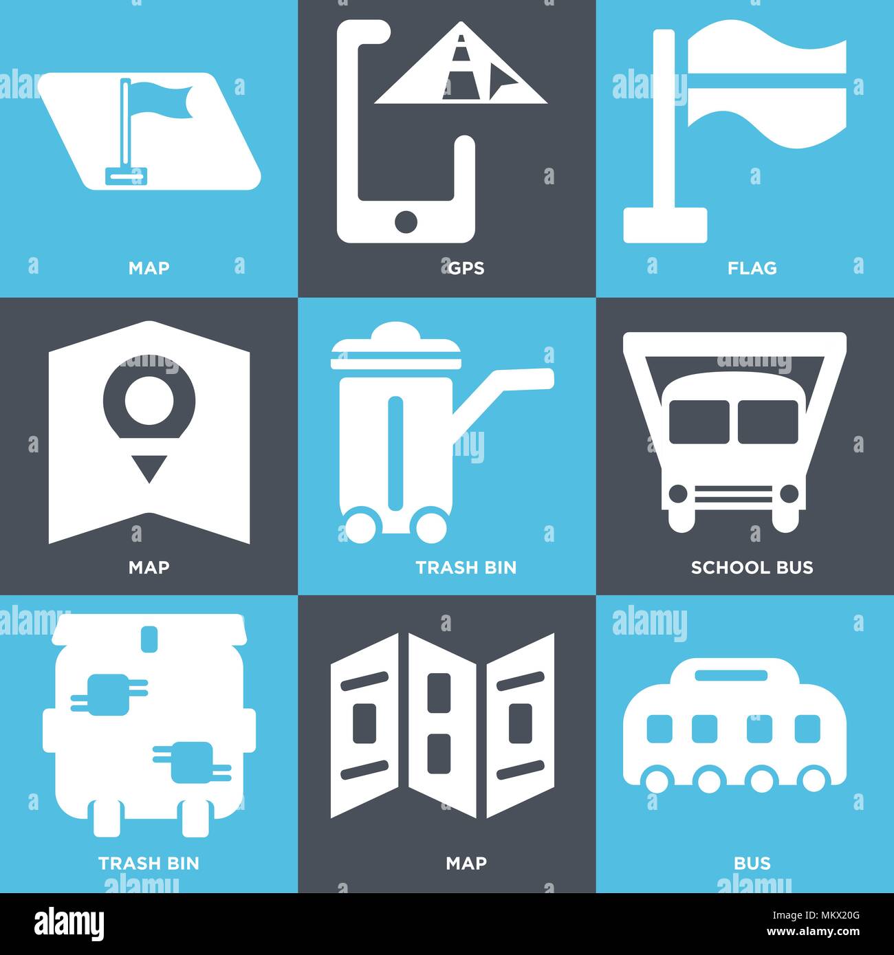 Set Of 9 simple editable icons such as Bus, Map, Trash bin, School bus, Flag, Gps, can be used for mobile, web Stock Vector