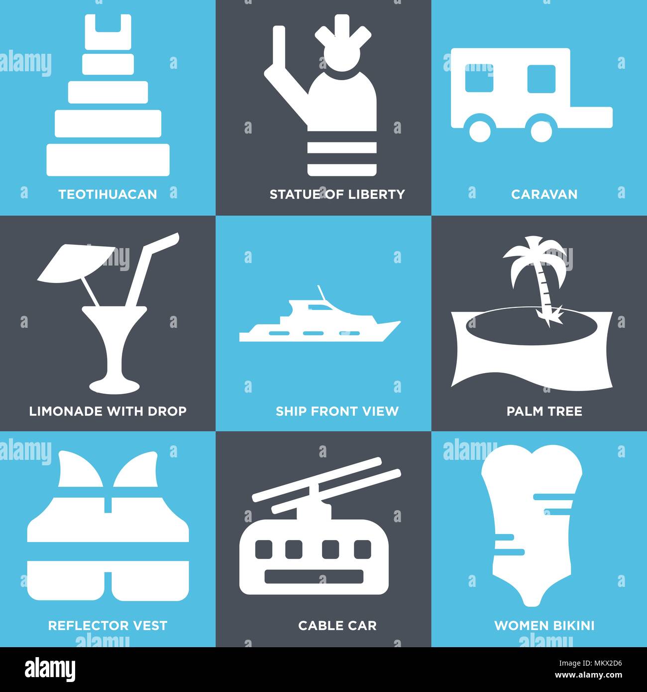 Set Of 9 simple editable icons such as Women Bikini, Cable car, Reflector vest, Palm tree, Ship Front View, Limonade with Drop, Caravan, Statue of lib Stock Vector