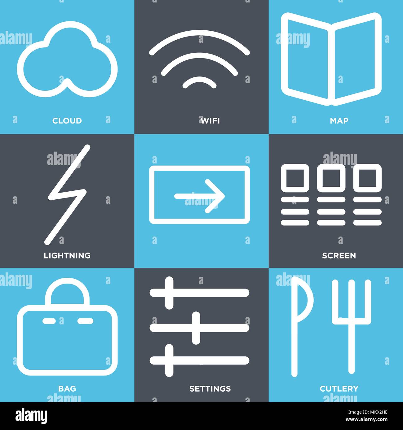 Set Of 9 simple editable icons such as Cutlery, Settings, Bag, Screen ...