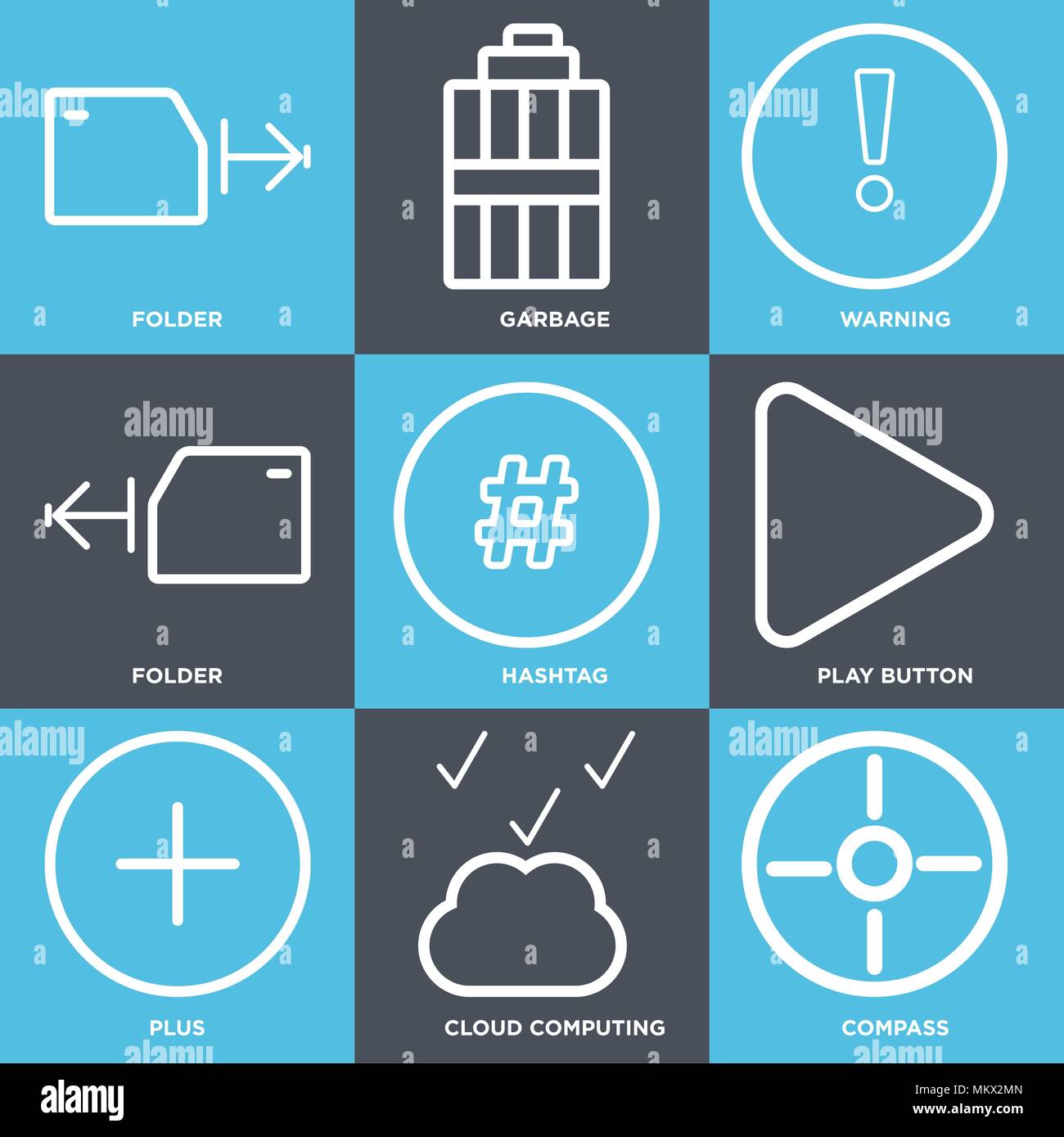 Set Of 9 simple editable icons such as Compass, Cloud computing, Plus, Play button, Hashtag, Folder, Warning, Garbage, can be used for mobile, web Stock Vector