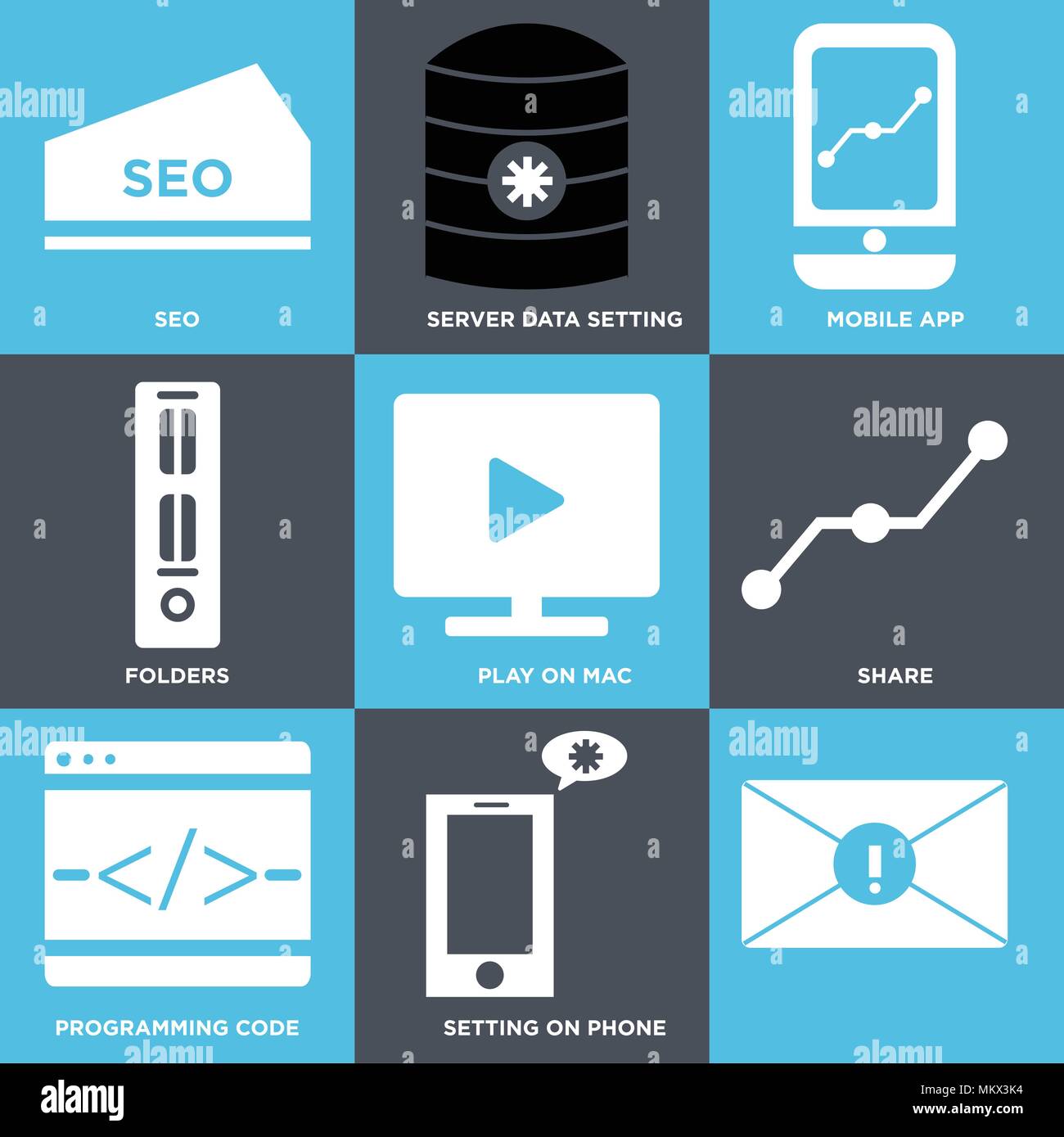 Set Of 9 simple editable icons such as Setting on phone, Programming code, Share, Play mac, Folders, Mobile app, Server data setting, seo, can be used Stock Vector