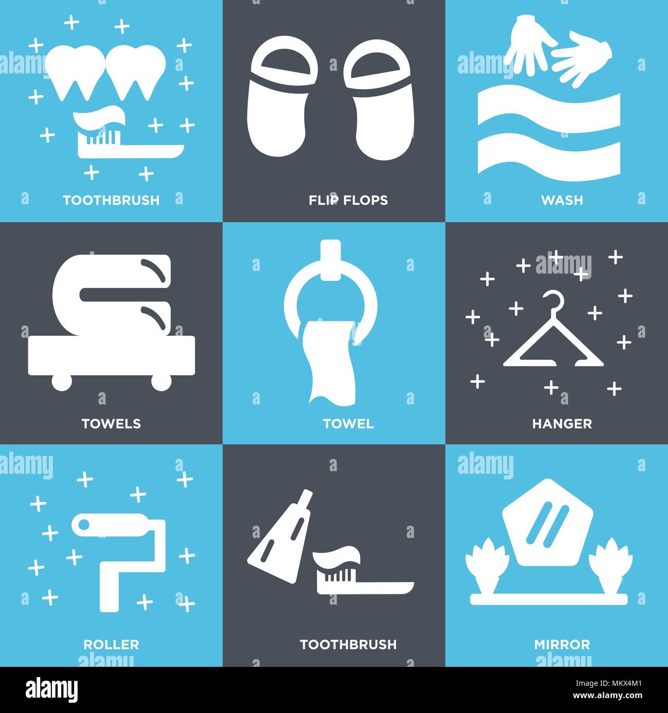 Set Of 9 simple editable icons such as Mirror, Toothbrush, Roller, Hanger, Towel, Towels, Wash, Flip flops, can be used for mobile, web Stock Vector