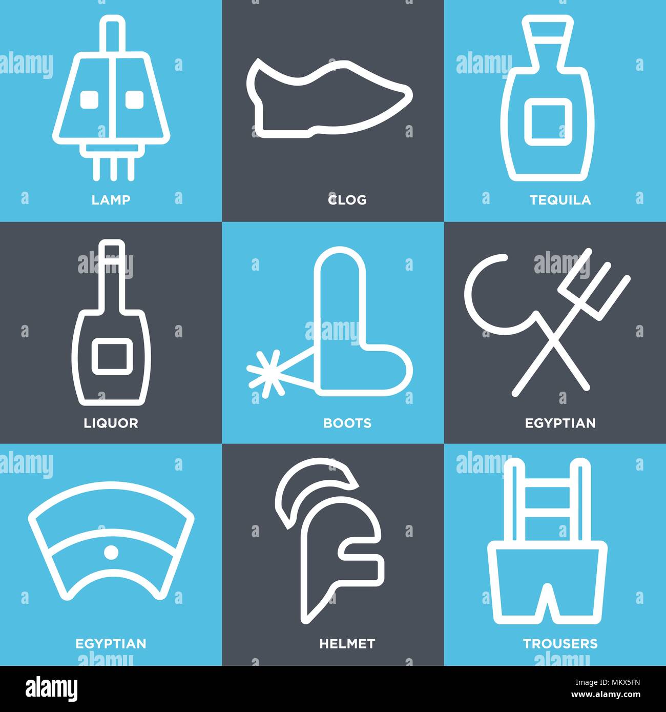 Set Of 9 simple editable icons such as Trousers, Helmet, Egyptian, Boots, Liquor, Tequila, Clog, Lamp, can be used for mobile, web Stock Vector