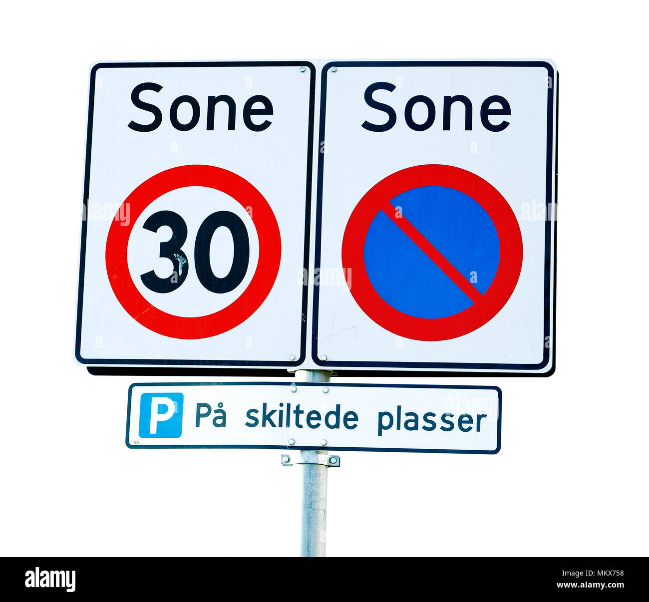 Norwegian road signs for a zone with speed limit 30 kph and parking