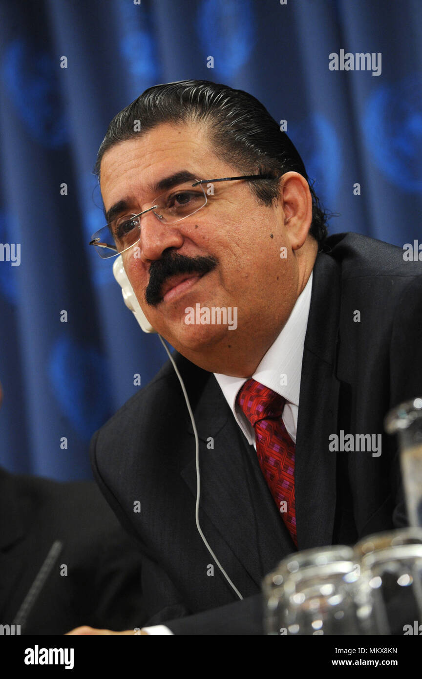 Ousted Honduran president Manuel Zelaya at a press conference at the United Nations appealing for help in his quest to return to office after a military coup in his home country removed him from power. New York City. June 30, 2009. Credit: Dennis Van Tine/MediaPunch Stock Photo