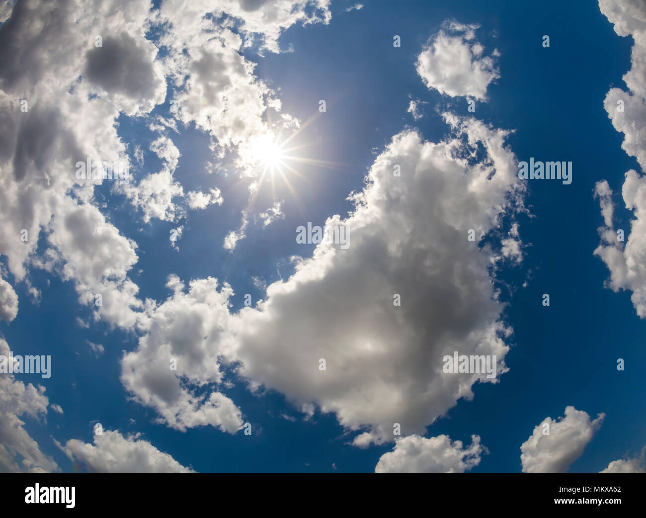 Looking up at sun in sky with white clouds Stock Photo