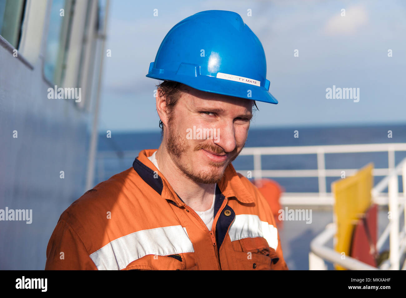 Marine Deck Officer or Chief mate on deck of ship Stock Photo