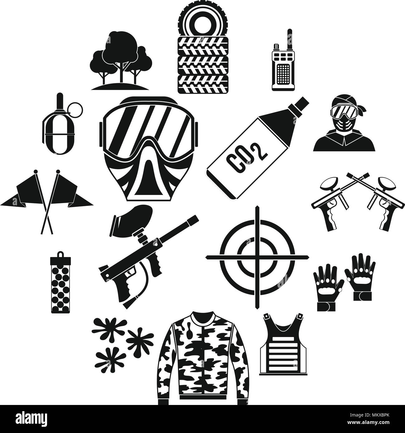 Paintball icons set, simple style Stock Vector