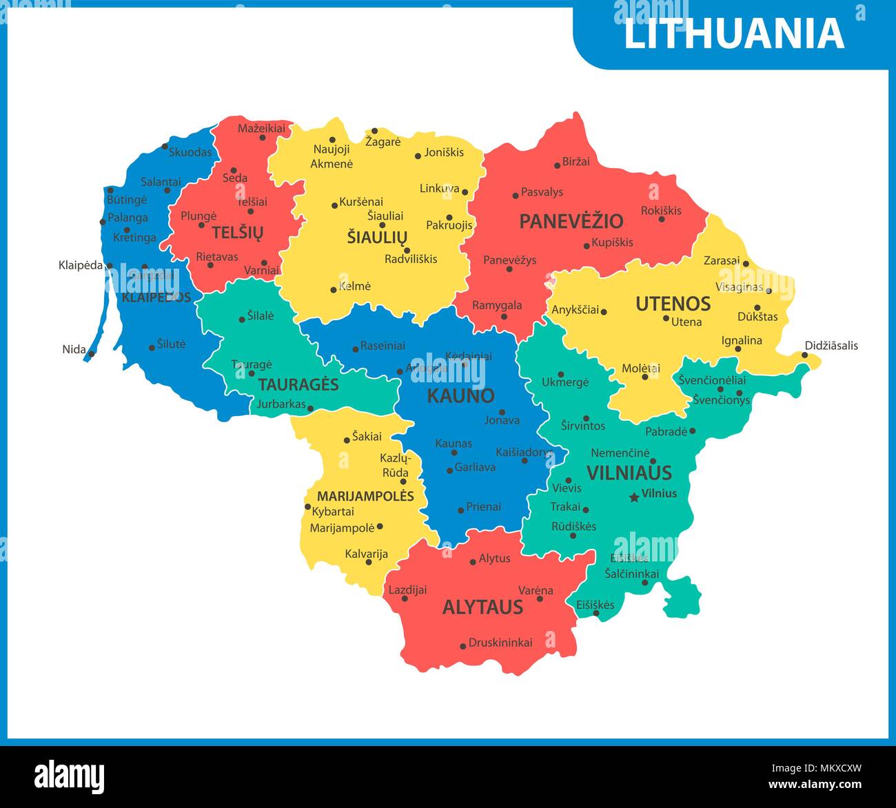 The detailed map of Lithuania with regions or states and cities, capital. Administrative division Stock Vector