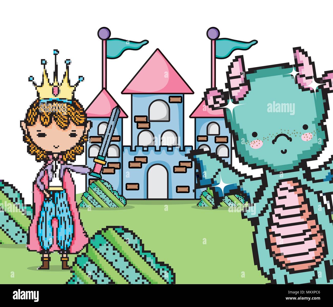 Pixelated videogame fantasy scenery Stock Vector