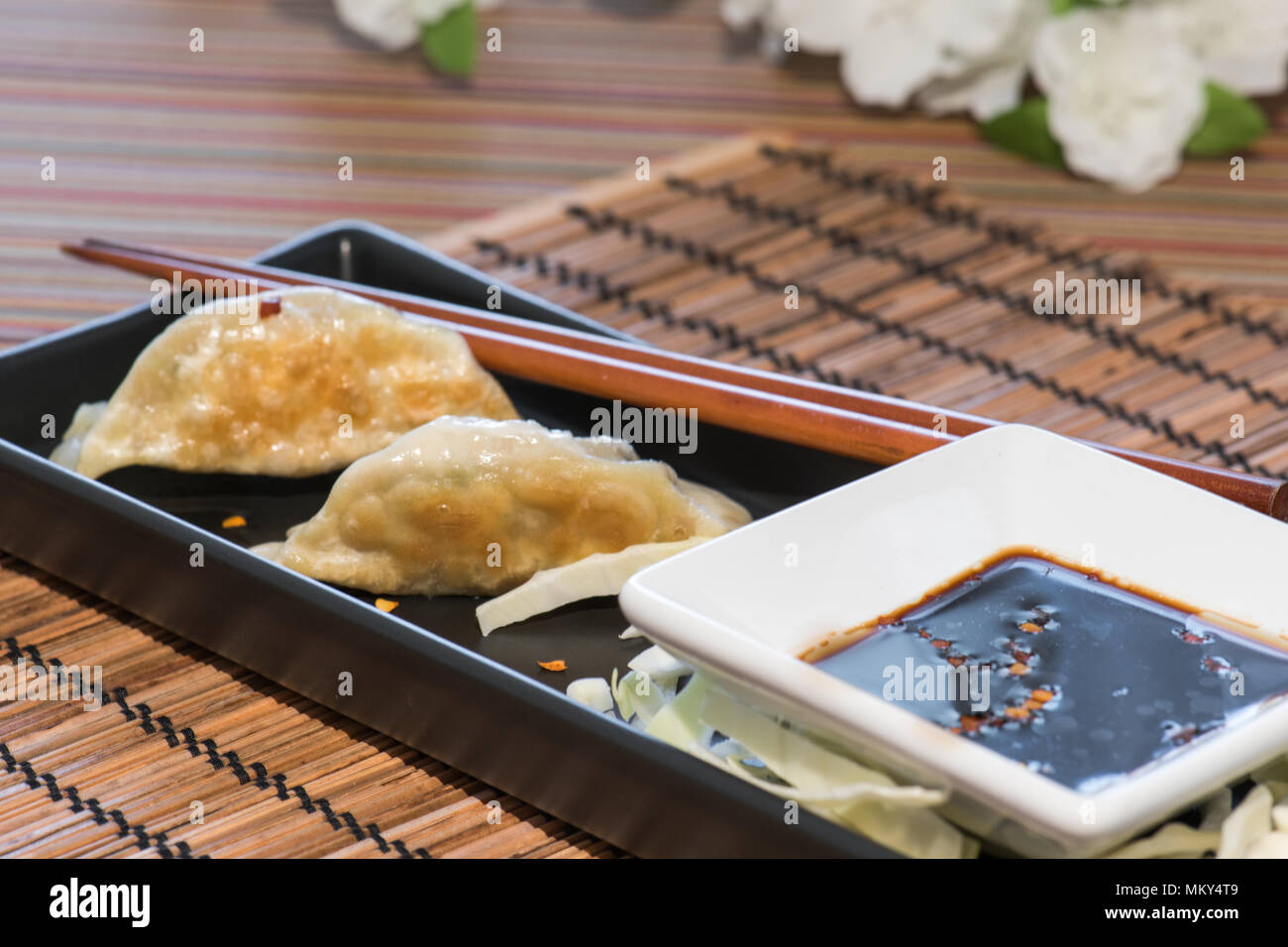 Plate of pork and vegetable Chinese potsticker dumplings with ginger