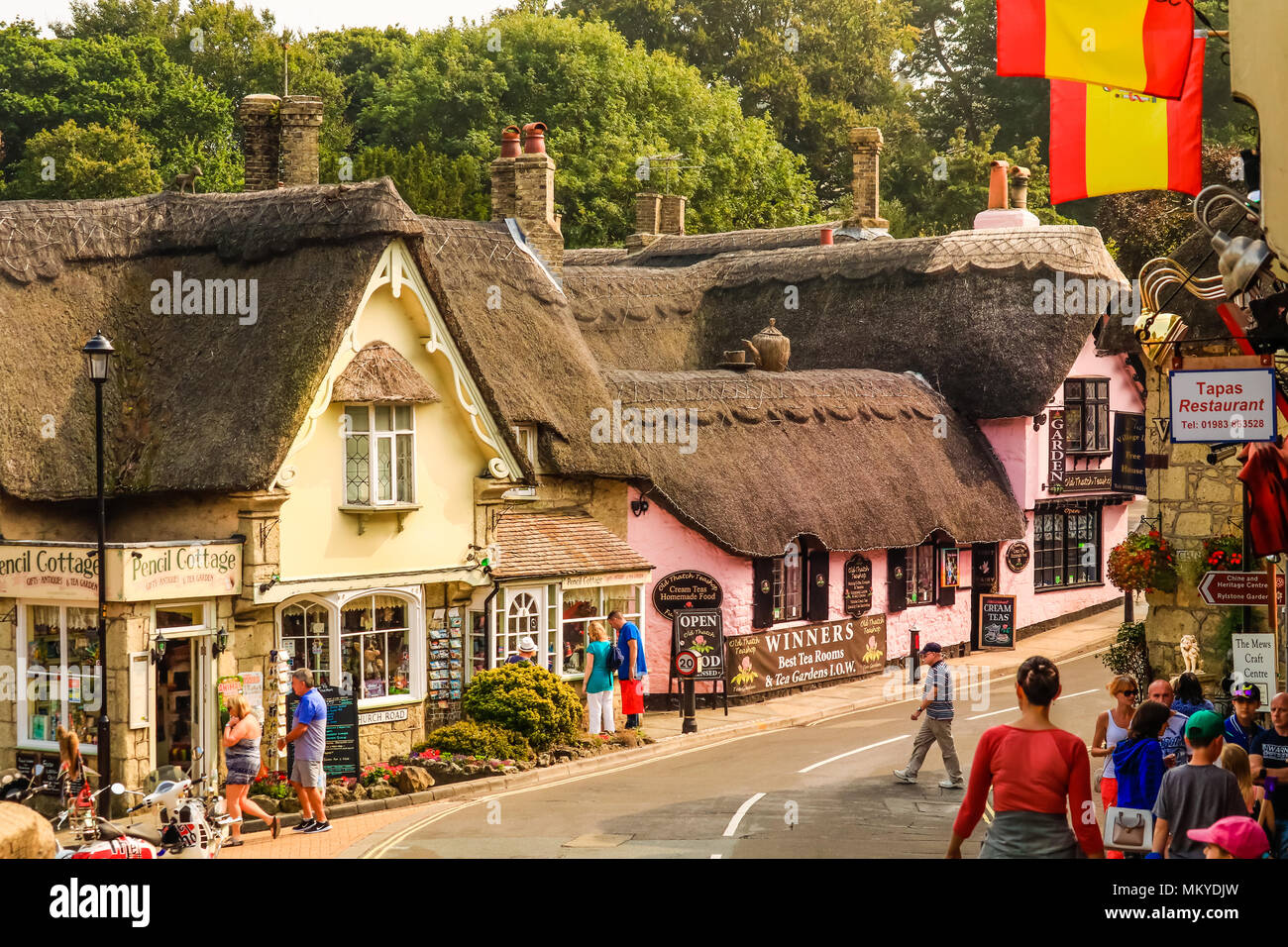 Seaside town of Shanklin, Isle of Wight, United Kingdom;  August 27, 2016; View of main street of the downtown area; people walking in the street; Stock Photo