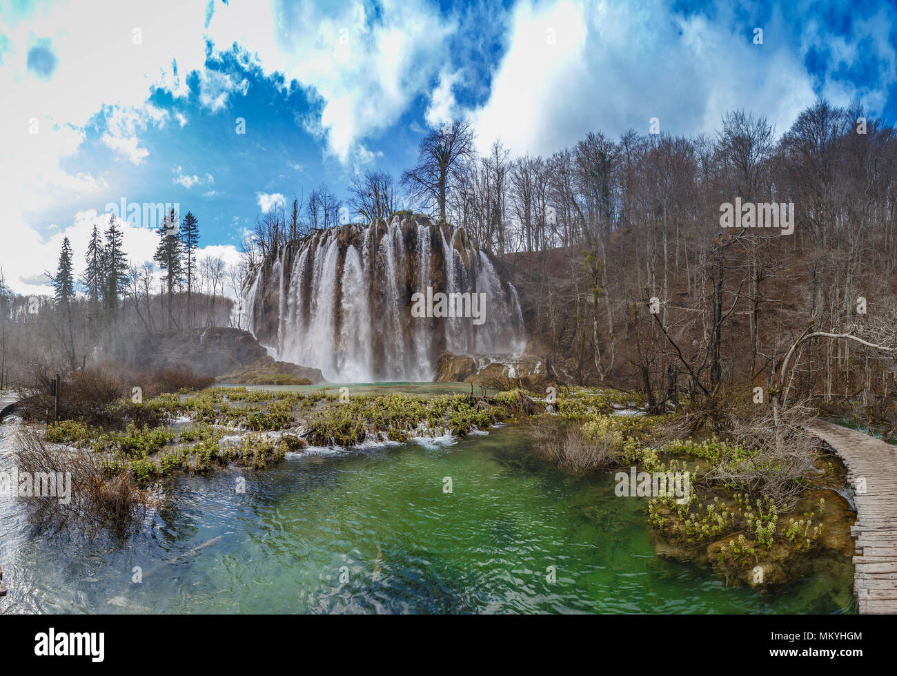 Spring view of beautiful waterfalls in Plitvice Lakes National Park ...