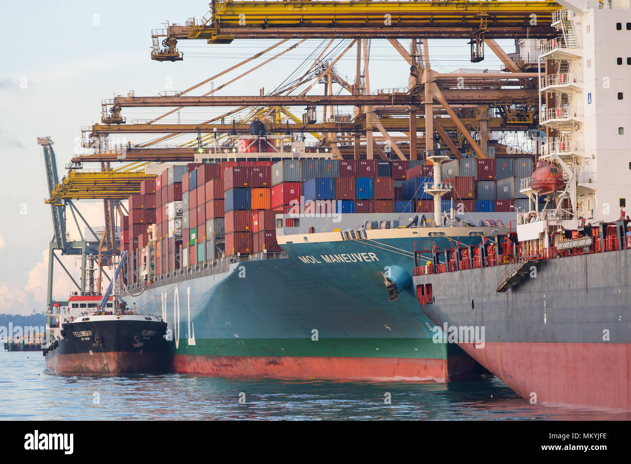 Vessel activities at industrial container sea port in Singapore. Stock Photo