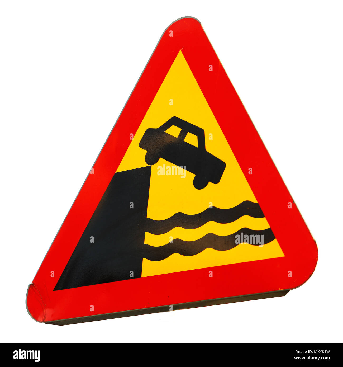 Road warning sign for quayside or ferry berth isolated on white background. Stock Photo