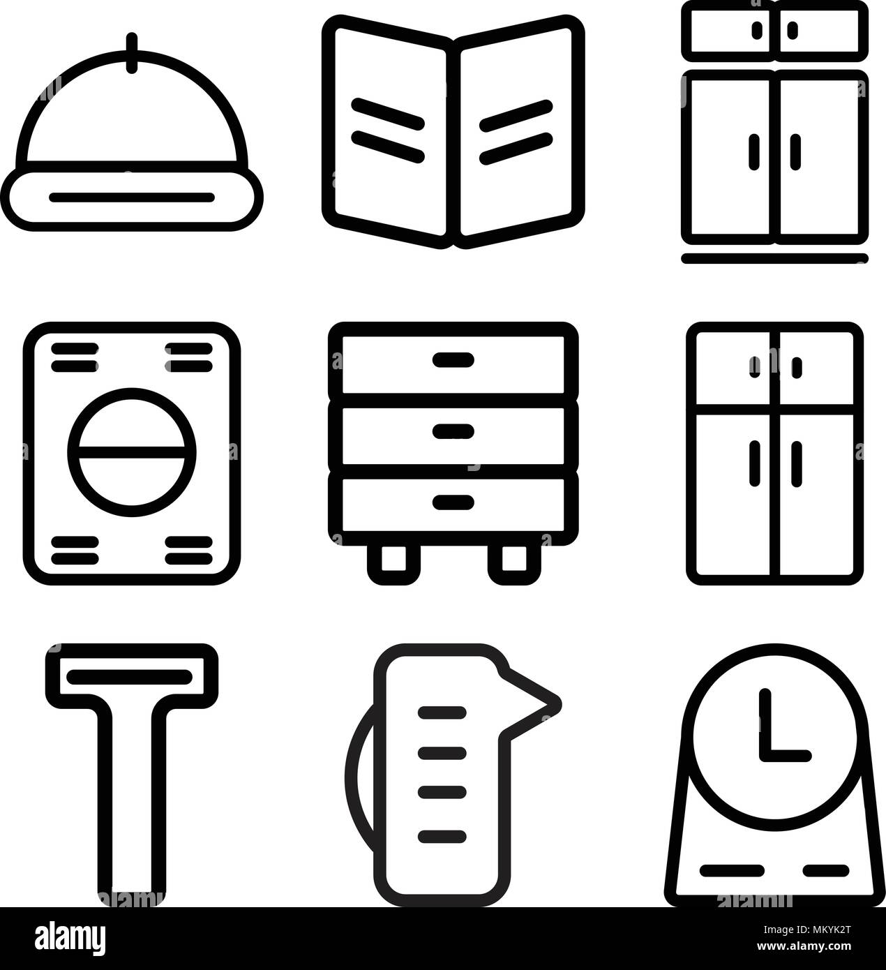 Set Of 9 simple editable icons such as Clock, Measuring cup, Bottle opener, Fridge, Cabinet, Washing machine, Recipe, Tray, can be used for mobile, we Stock Vector