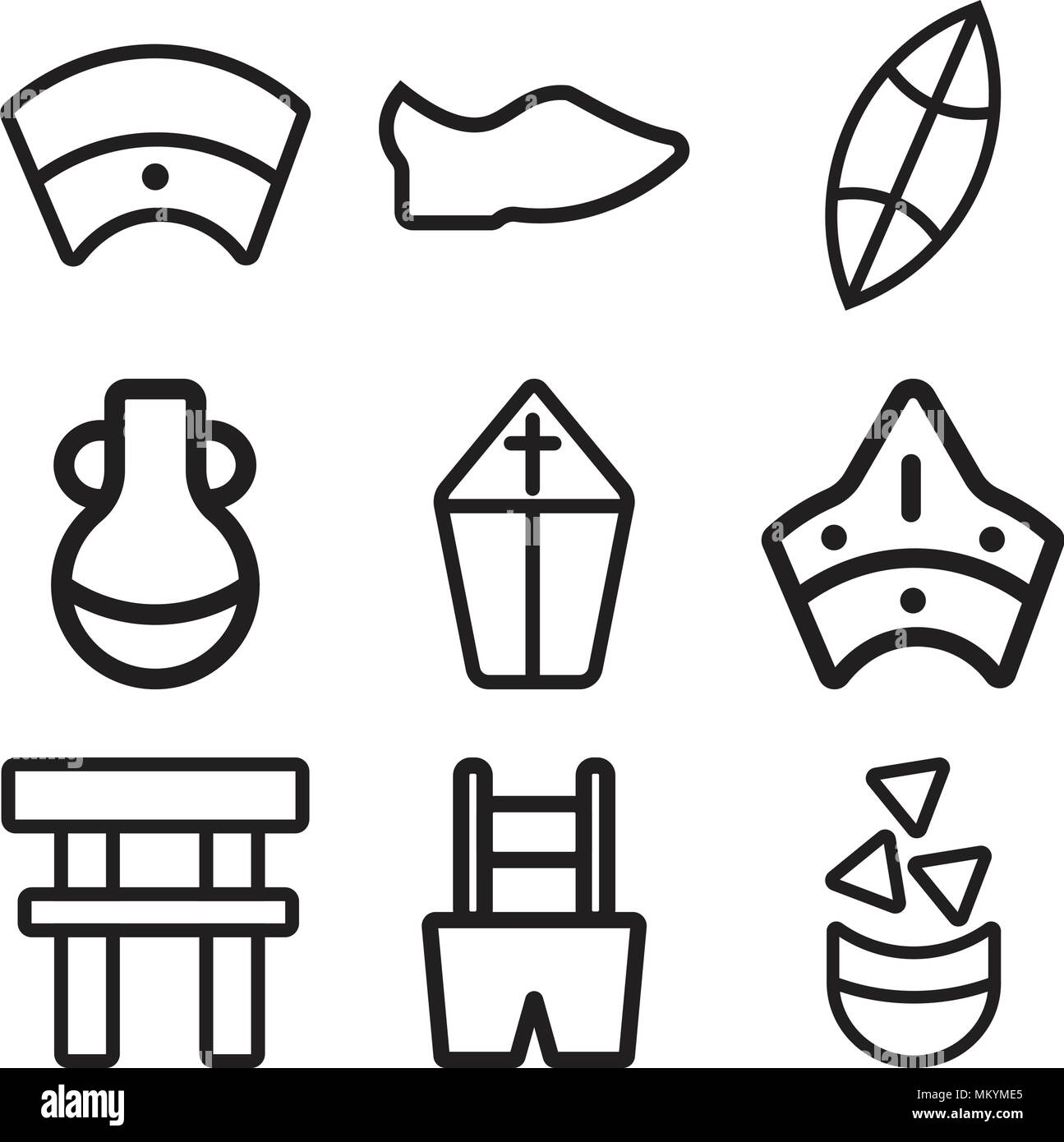Set Of 9 simple editable icons such as Nachos, Trousers, Torii gate, Cap, Pope, Vase, Surf, Clog, Egyptian, can be used for mobile, web Stock Vector