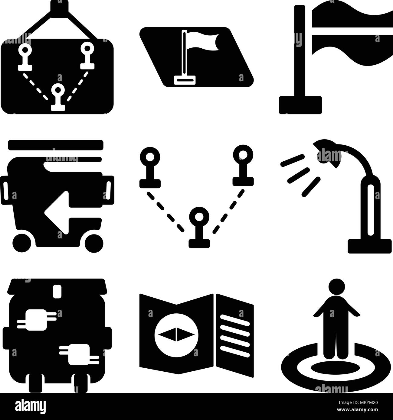 Set Of 9 simple editable icons such as Street view, Map, Trash bin, light, Destination, Recycle Flag, can be used for mobile, web Stock Vector
