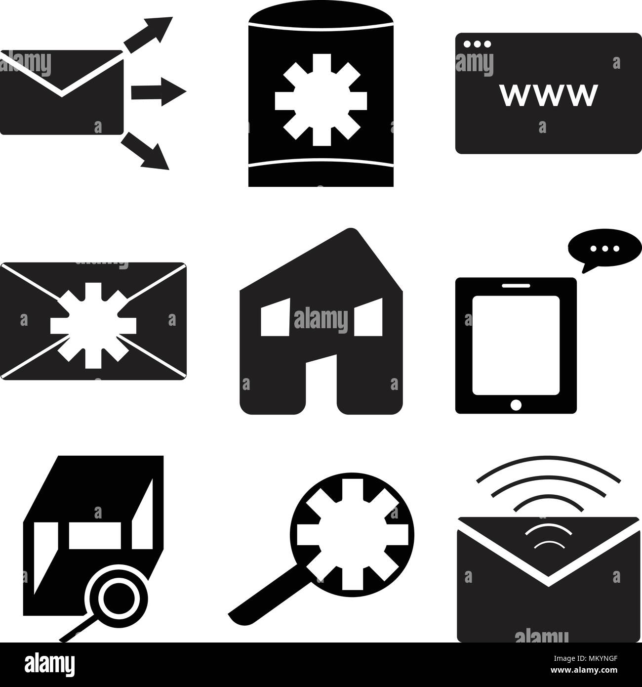 Set Of 9 simple editable icons such as Mail, Search setting, Box, Message on phone, Home, Mail settings, Browser, Data, Forward mail, can be used for  Stock Vector