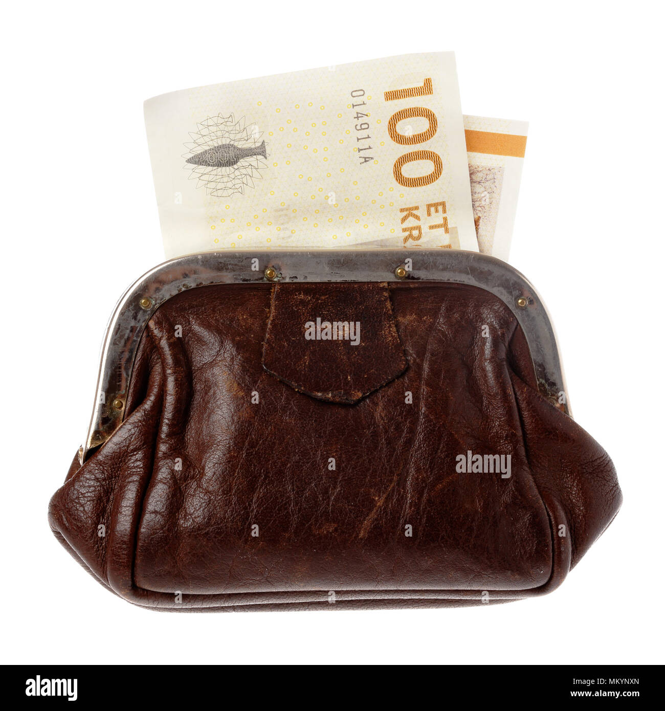 A brown purse with a Danish one hundred kroner bill isolated on white background. Stock Photo