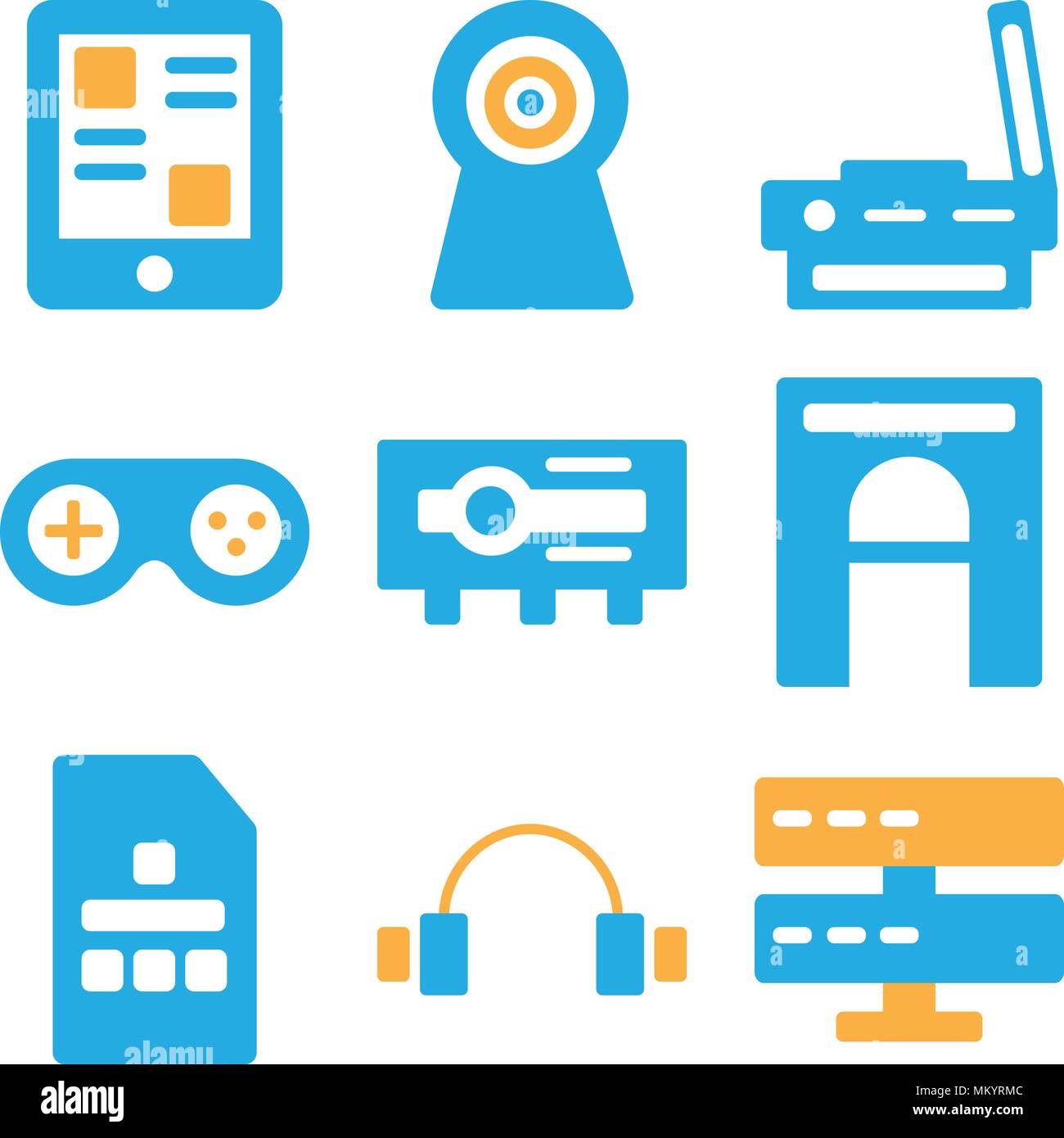 Set Of 9 simple editable icons such as Server, Headphones, Sim card, Hard drive, Projector, Joystick, Scanner, Webcam, Smartphone, can be used for mob Stock Vector