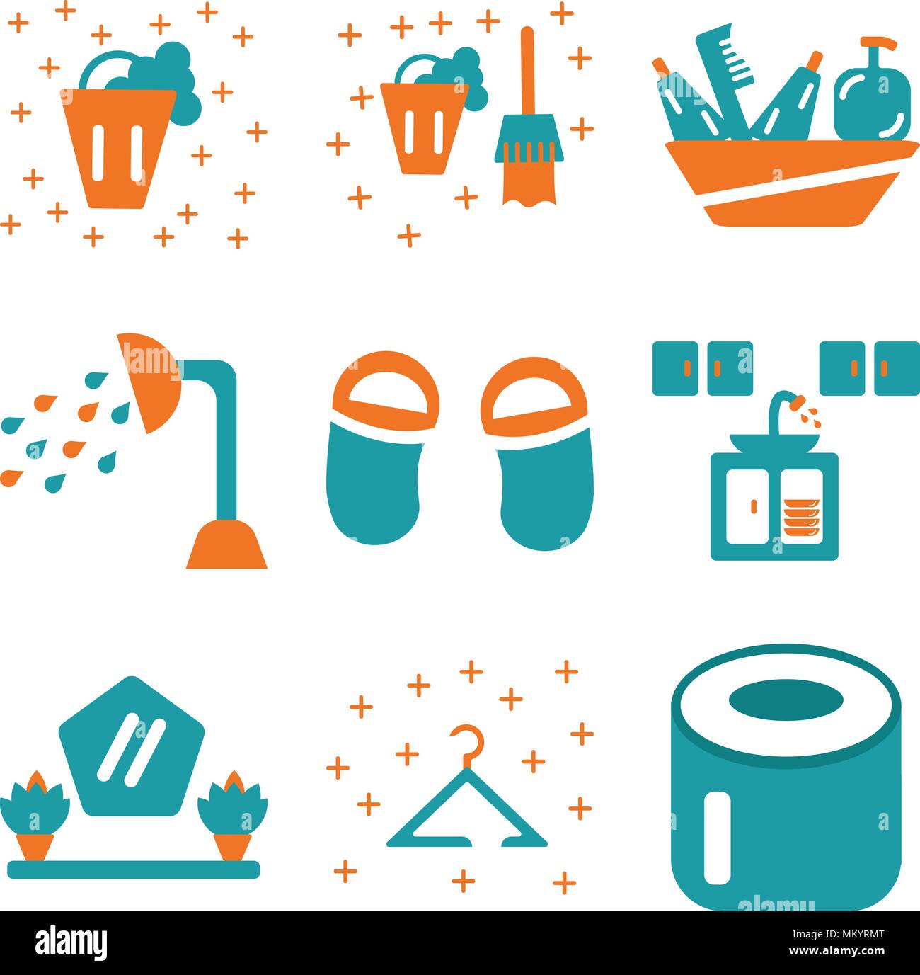 Set Of 9 simple editable icons such as Toilet paper, Hanger, Mirror, Kitchen, Flip flops, Shower, Shelf, Bucket, can be used for mobile, web Stock Vector