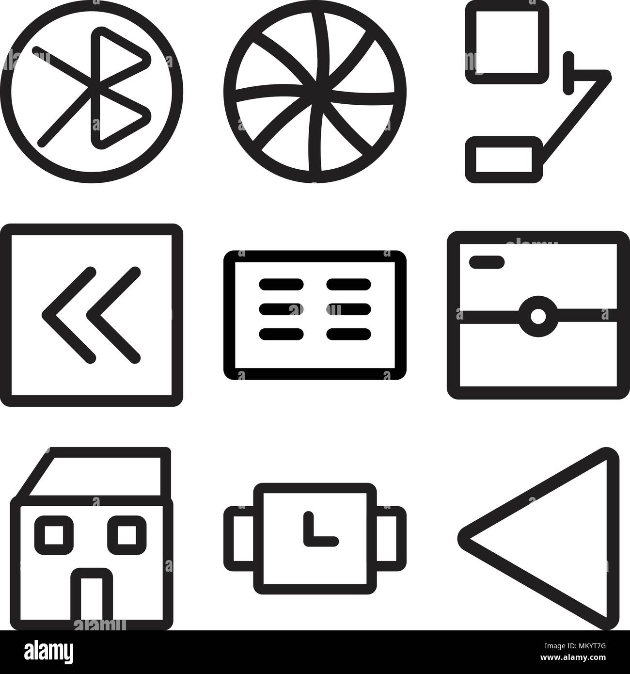Set Of 9 simple editable icons such as Rewind, Waiting, Home, Photo camera, Cit card, Left arrow, Bell, Shutter, tooth, can be used for mobile, web Stock Vector