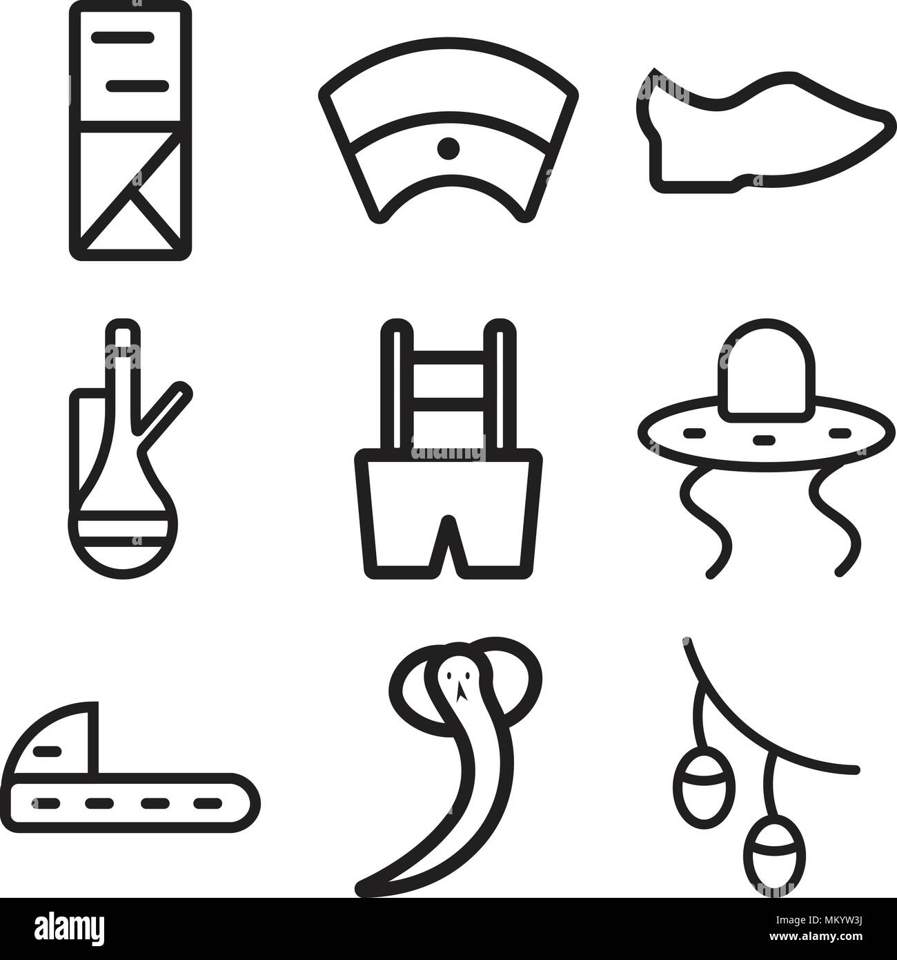 Set Of 9 simple editable icons such as Olives, Snake, Shoes, Cowboy, Trousers, Tea, Clog, Egyptian, Kimono, can be used for mobile, web Stock Vector