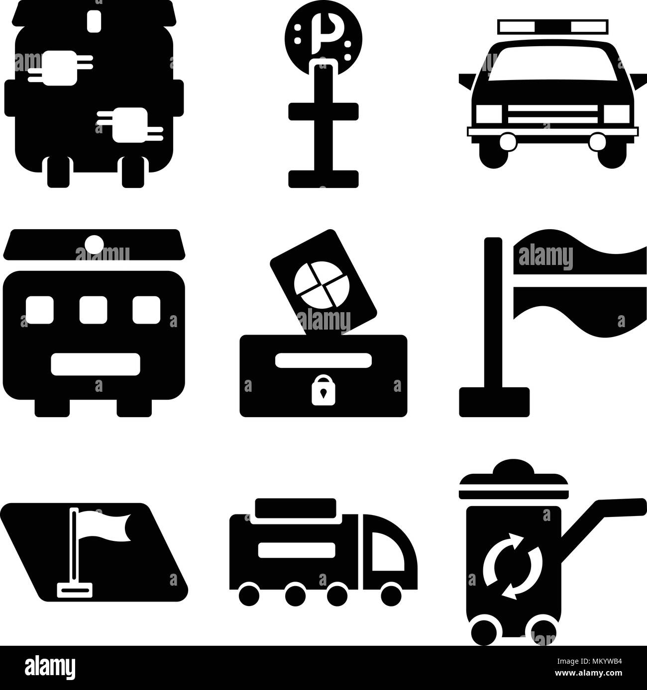 Set Of 9 simple editable icons such as Recycle bin, Road sweeper, Map, Flag, Elections, Recycling Police car, Parking, Trash can be used for mobile, w Stock Vector