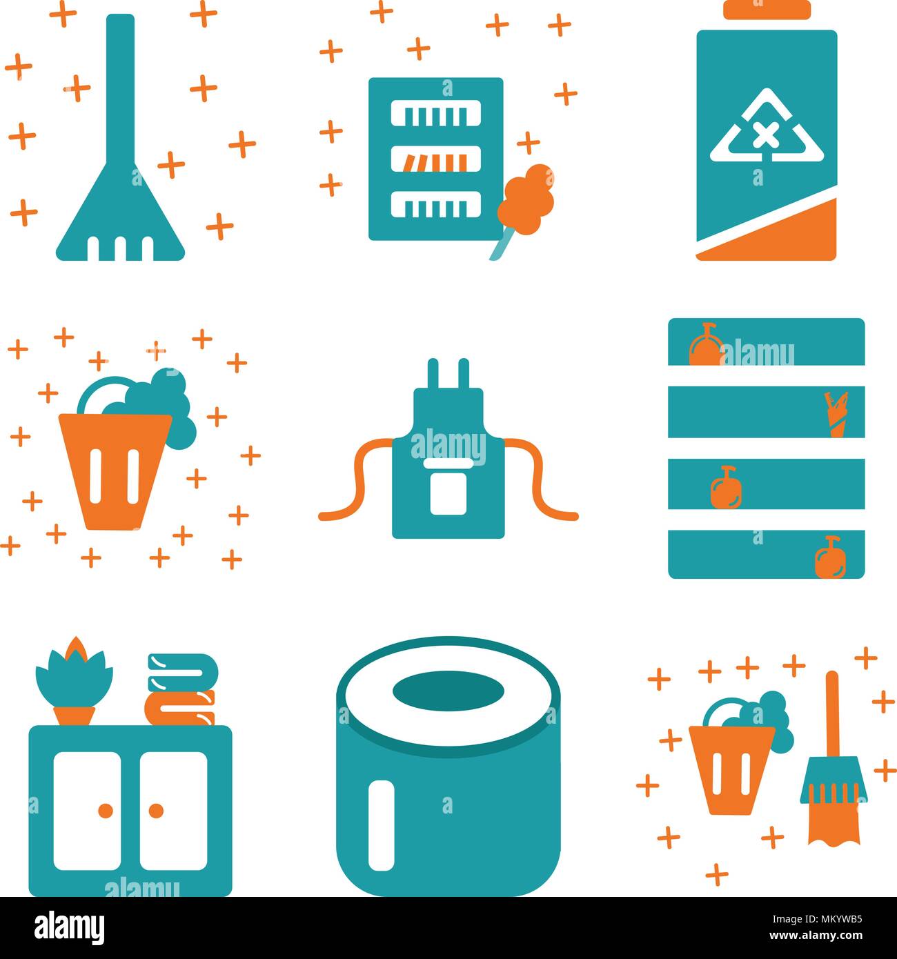 Set Of 9 simple editable icons such as Bucket, Toilet paper, Closet, Uniform, Clean, Wardrobe, Sweep, can be used for mobile, web Stock Vector