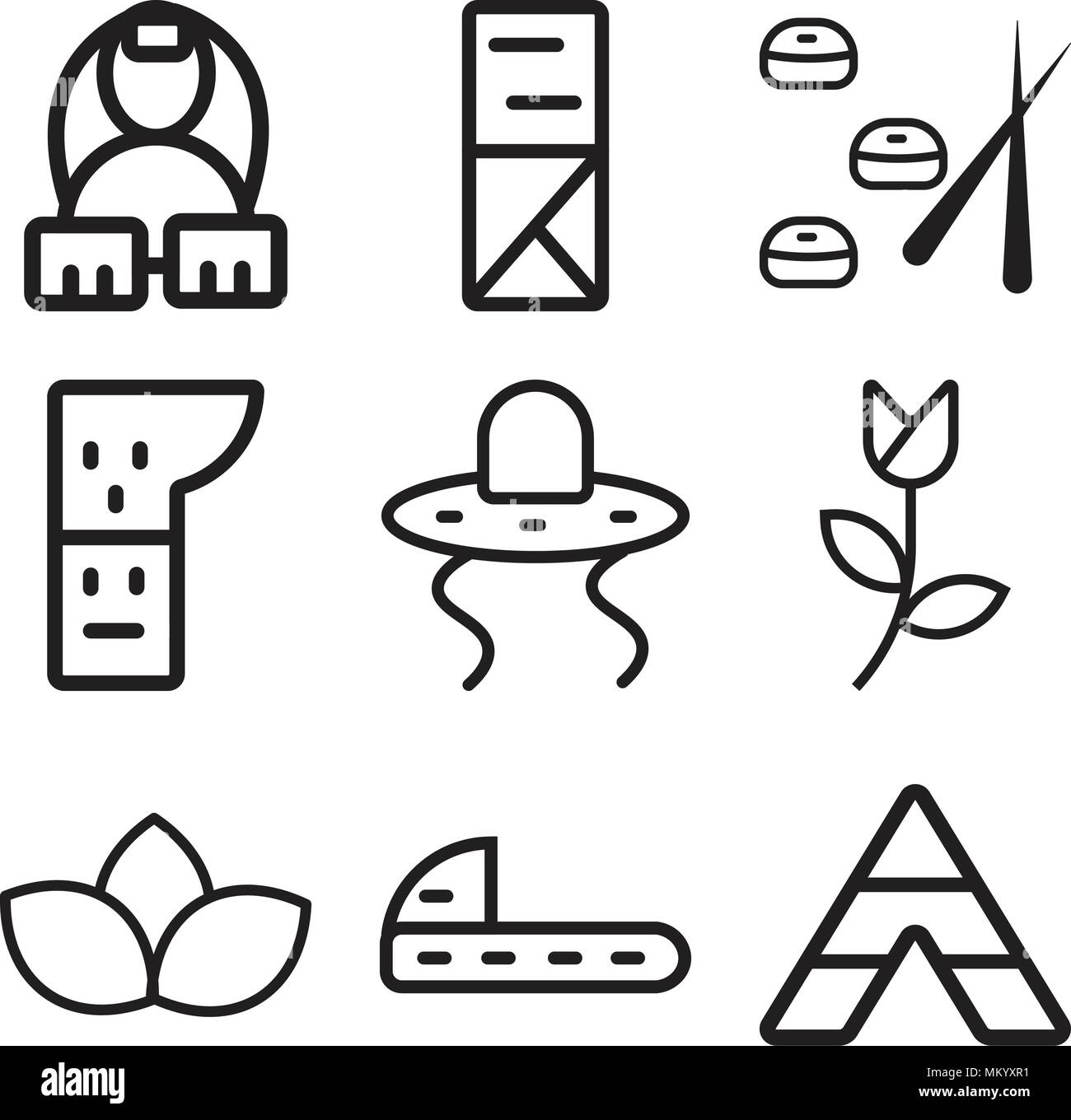 Set Of 9 simple editable icons such as Tipi, Shoes, Lotus, Tulip, Cowboy, Totem, Sushi, Kimono, Egyptian, can be used for mobile, web Stock Vector