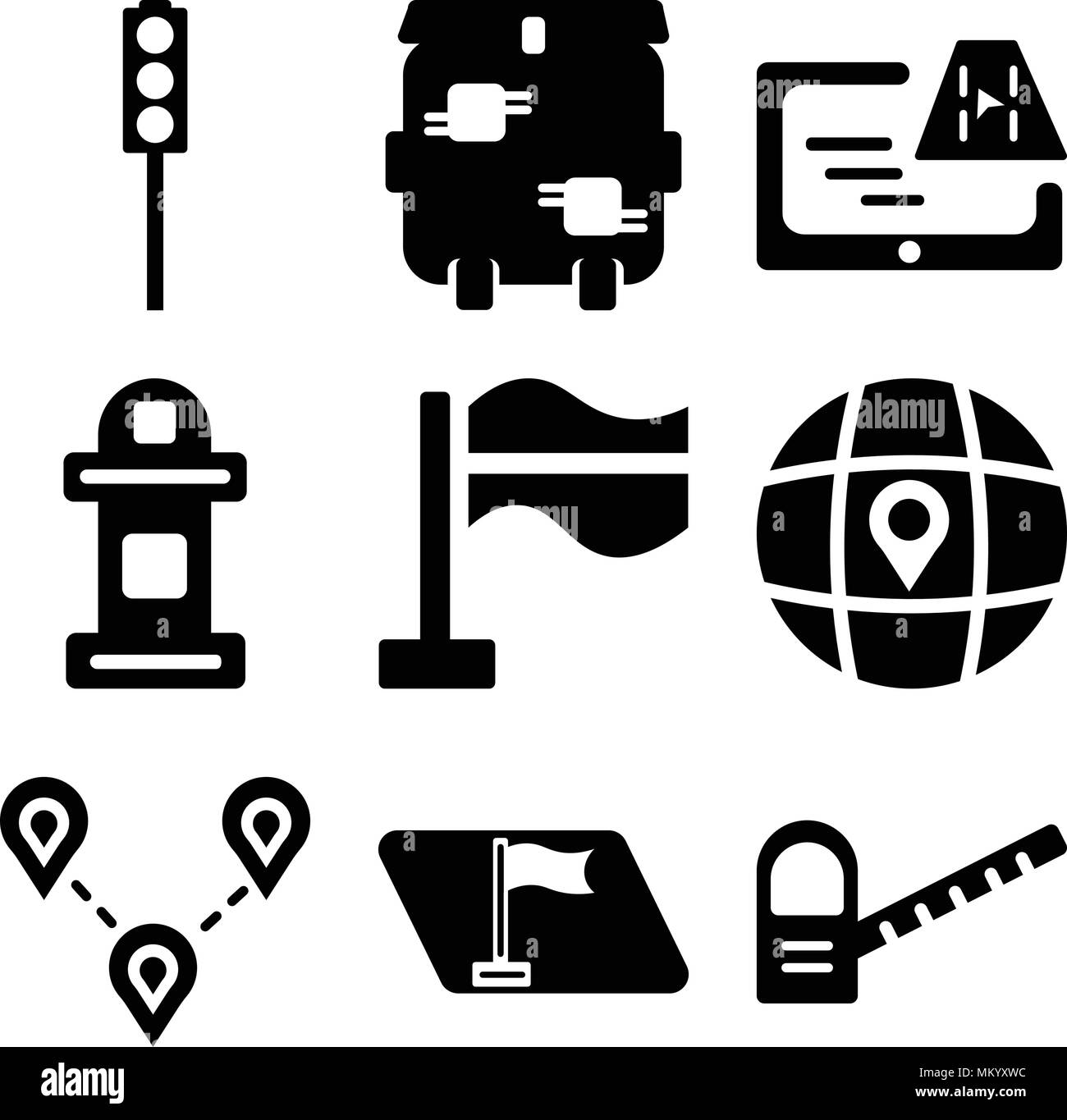 Set Of 9 simple editable icons such as Toll road, Map, Destination, Globe, Flag, Mailbox, Gps, Trash bin, Traffic light, can be used for mobile, web Stock Vector