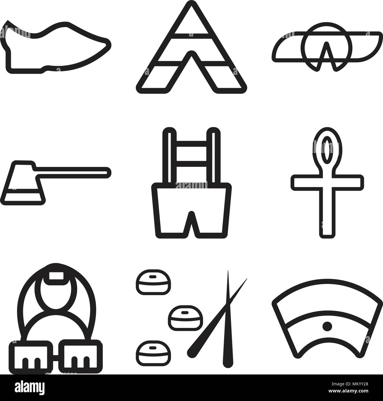 Set Of 9 simple editable icons such as Egyptian, Sushi, Ankh, Trousers, Coffee, Fortune cookie, Tipi, Clog, can be used for mobile, web Stock Vector