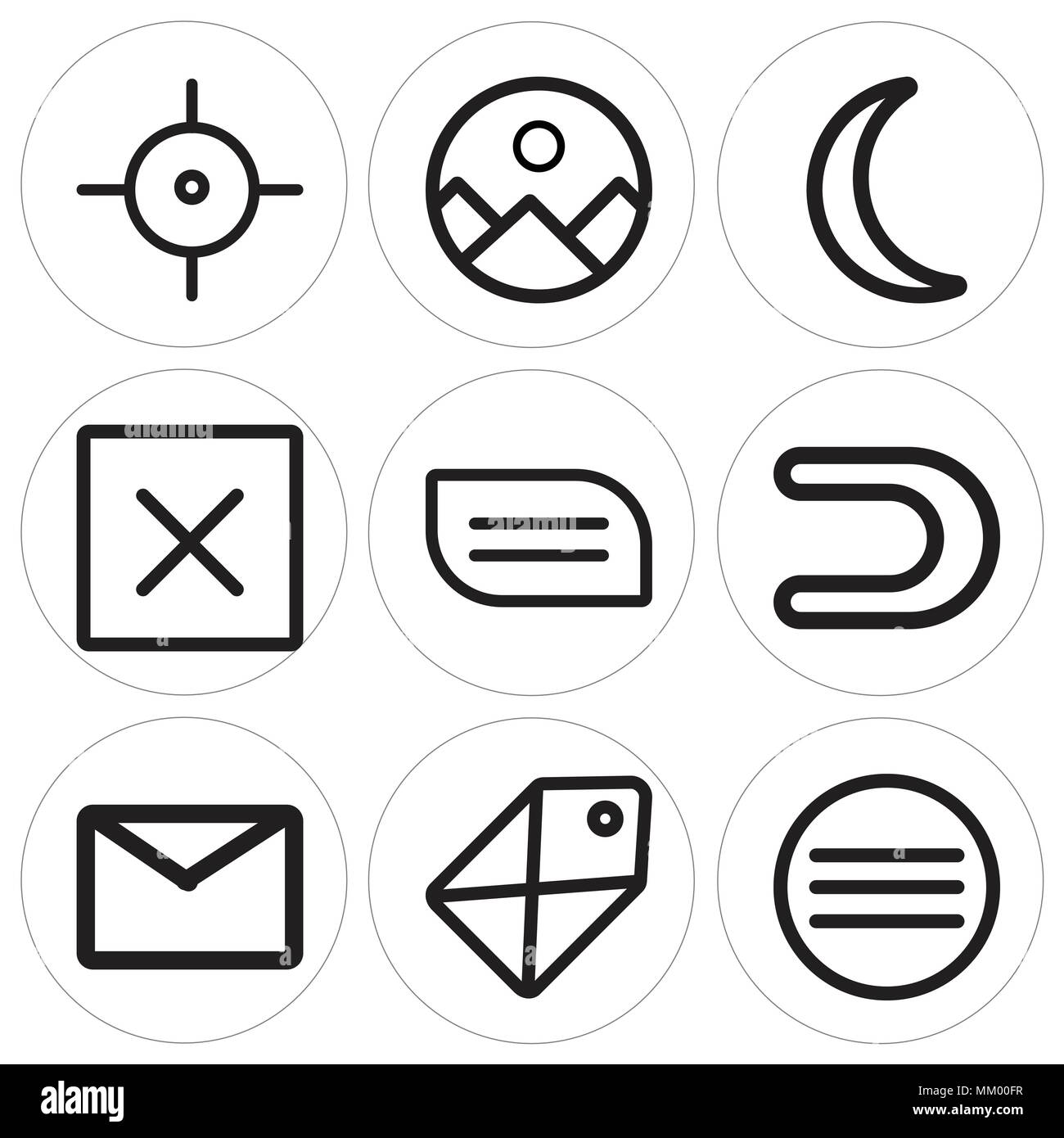 Set Of 9 simple editable icons such as Menu, Tag, Envelope, Magnet, File, Cancel, Moon, Gallery, Target, can be used for mobile, web Stock Vector