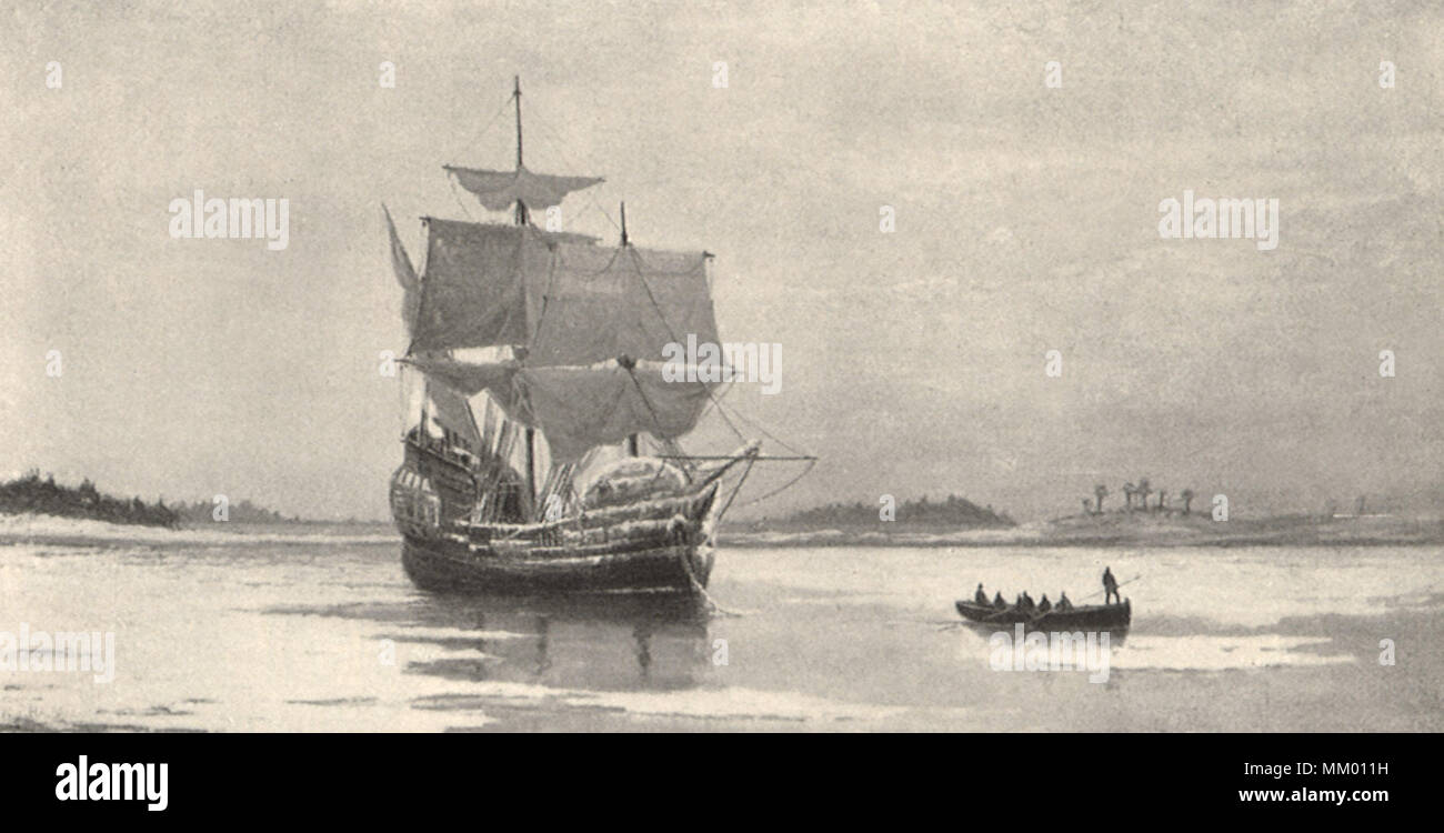 The Mayflower in Plymouth Harbor 1620 Stock Photo