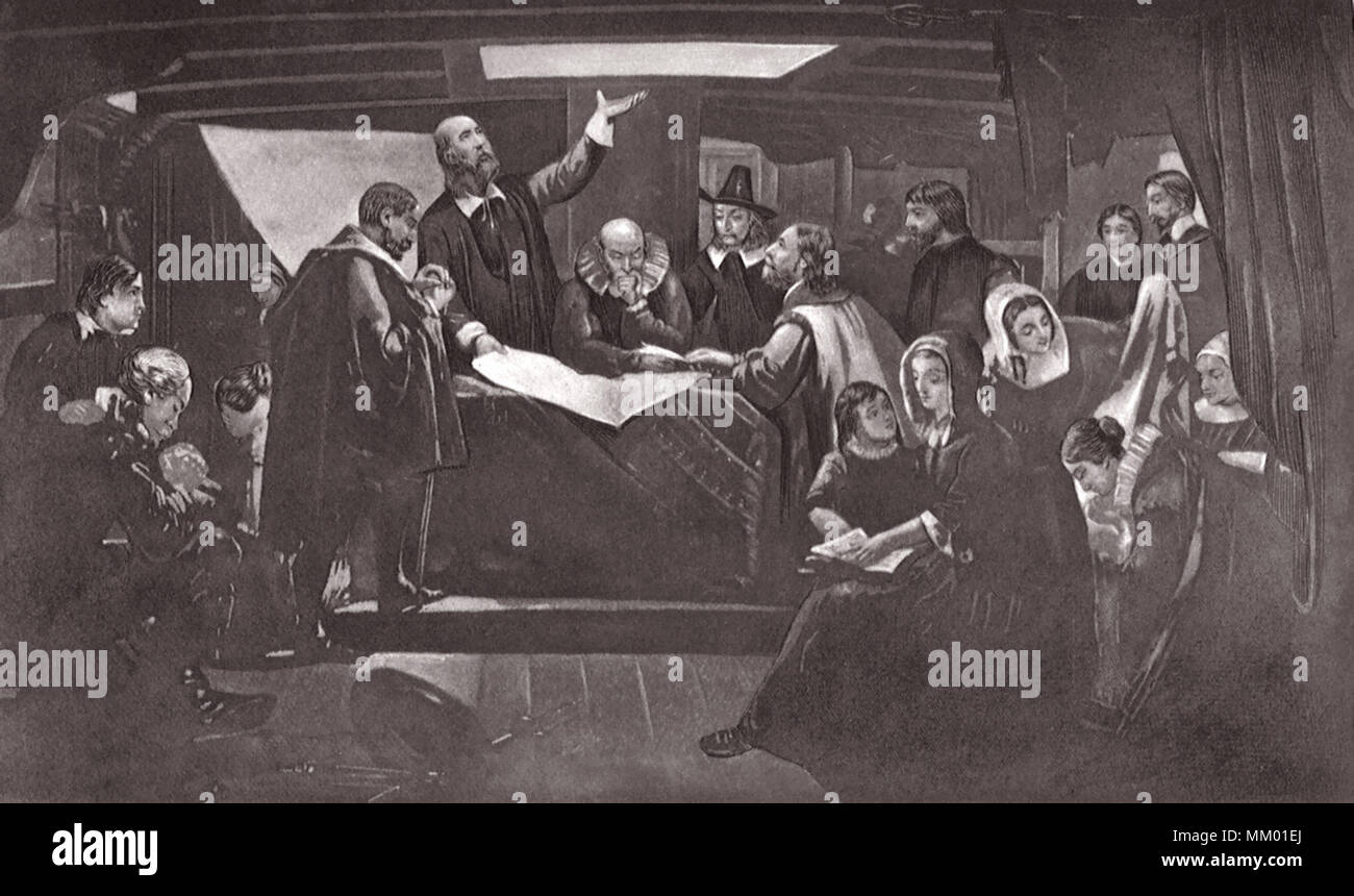 Signing of Mayflower Compact. Plymouth. 1620 Stock Photo