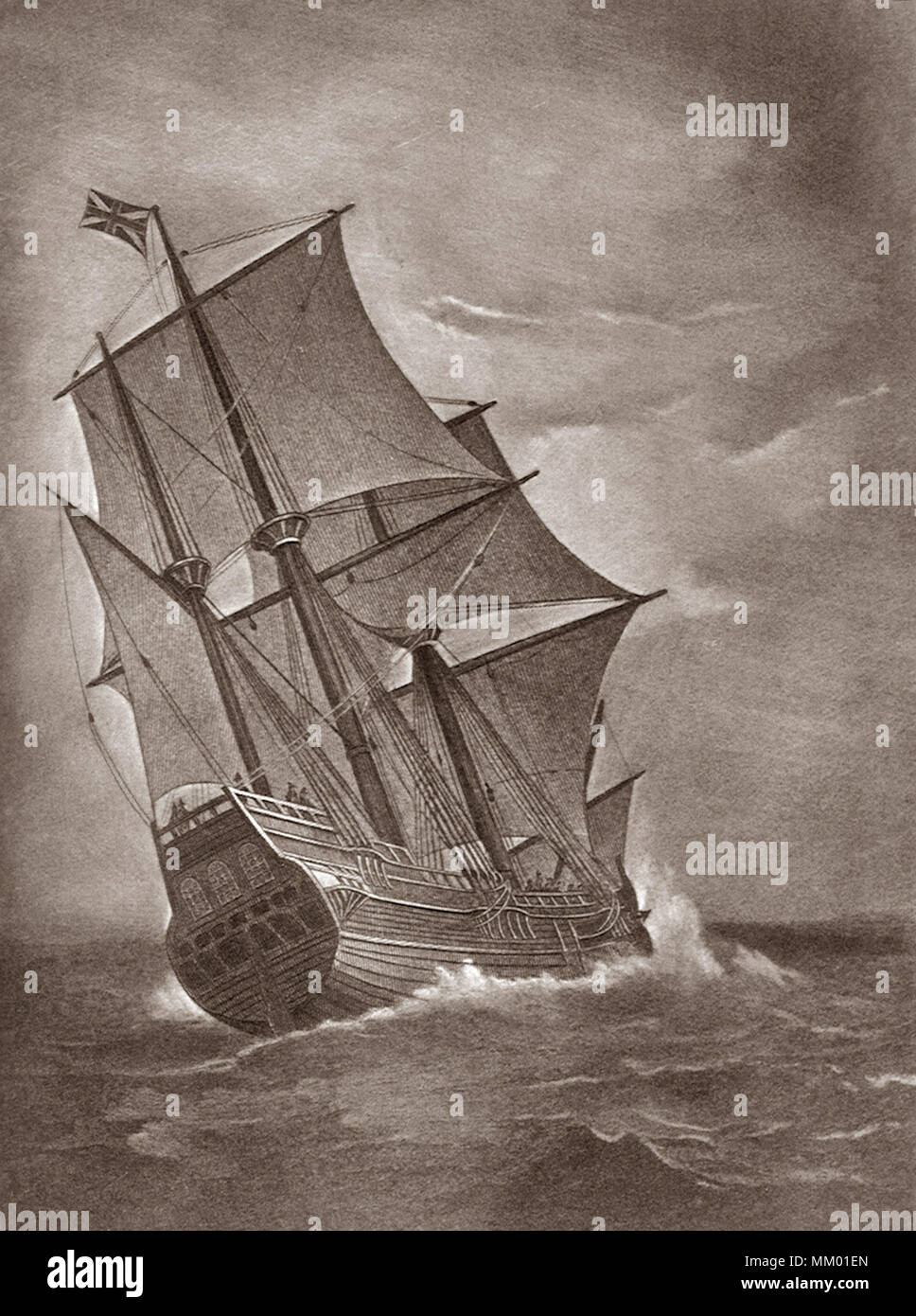 The Mayflower at Sea. Plymouth.  1620 Stock Photo