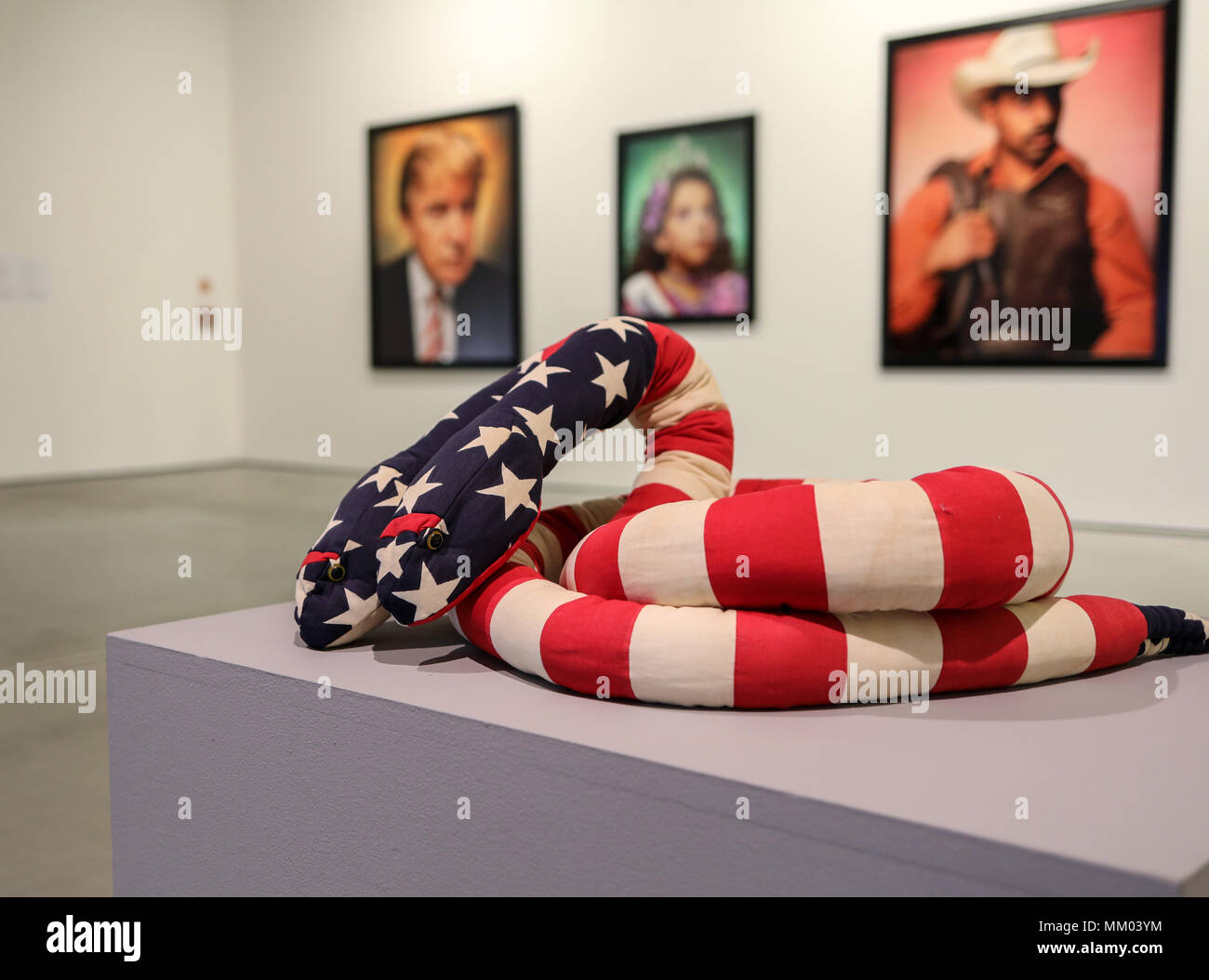 Cracow, Poland - May 8, 2018: Exibition Motherland in Art at Mocak in Krakow. Melissa Vanderberg - Polycephalic Patriot. Two-headed plush snake, made from pieces of flags is a criticism of a two party politicial system Credit: Wieslaw Jarek/Alamy Live News Stock Photo