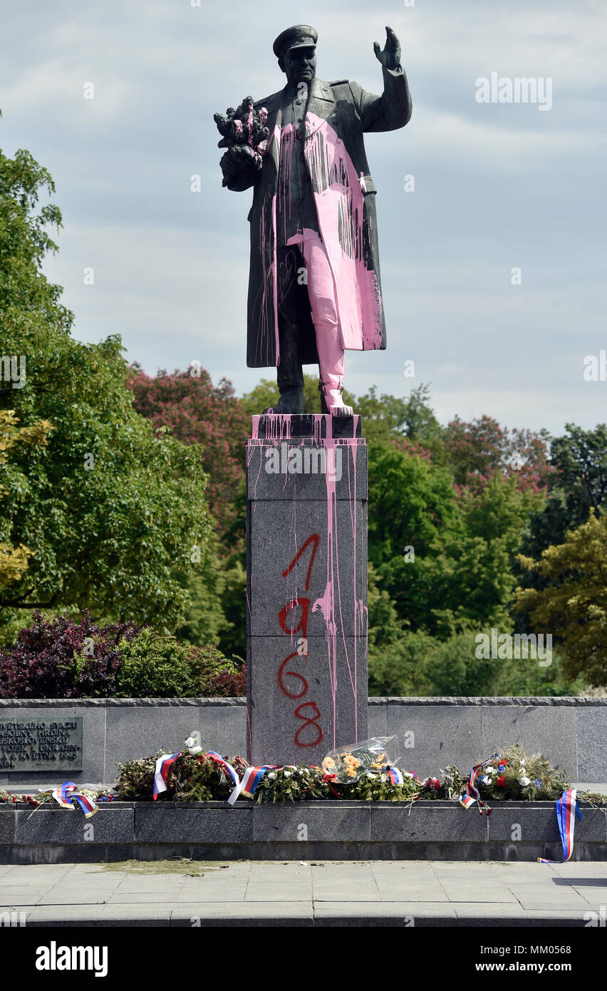 prague-czech-republic-08th-may-2018-the-statue-of-soviet-marshal-ivan-konev-in-prague-was-splashed-by-pink-colour-and-sprayed-by-red-colour-last-night-on-the-photo-is-seen-the-statue-on-may-8-2018-the-statue-was-already-sprayed-last-year-at-the-end-of-world-war-two-in-may-1945-konev-1897-1973-helped-liberate-prague-there-have-been-controversies-over-the-statue-due-to-konevs-participation-in-the-suppression-of-the-hungarian-uprising-against-the-communist-regime-in-1956-and-the-building-of-the-berlin-wall-in-1961-credit-vit-simanekctk-photoalamy-live-news-MM0568.jpg